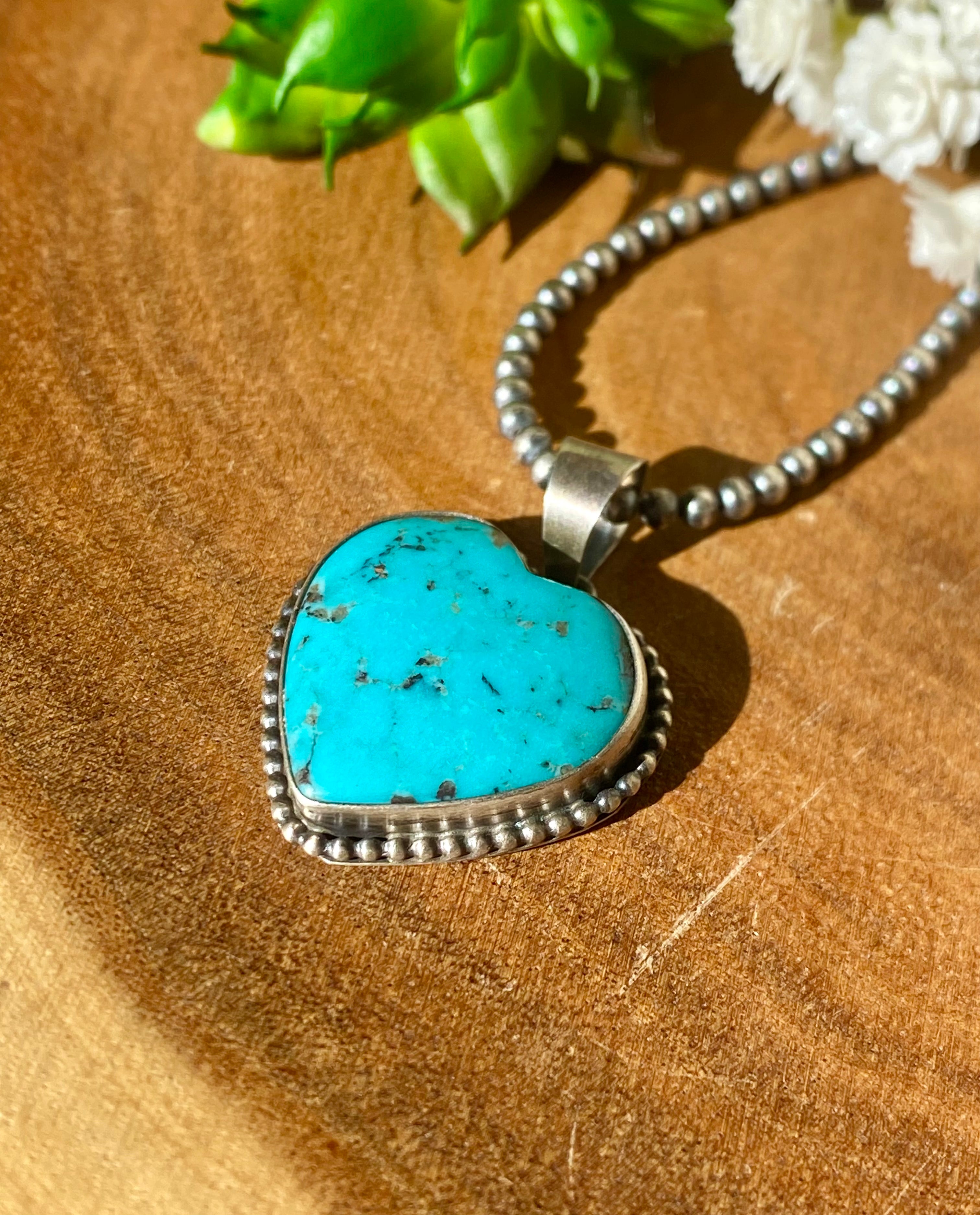 Navajo Made Kingman Turquoise & Sterling Silver Heart Shape PENDANT ONLY