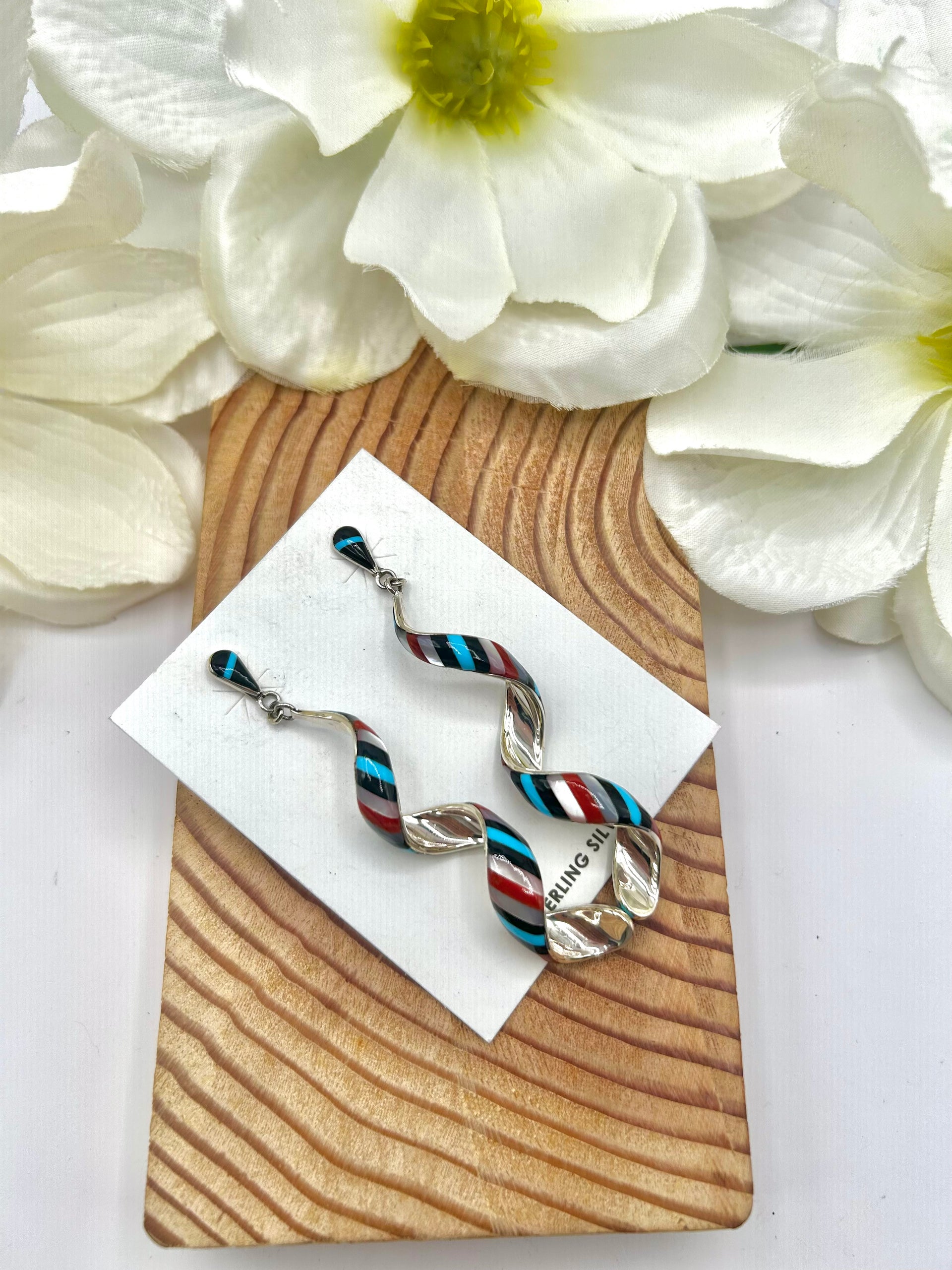 Zuni Made Multi Stone & Sterling Silver Post  Earrings