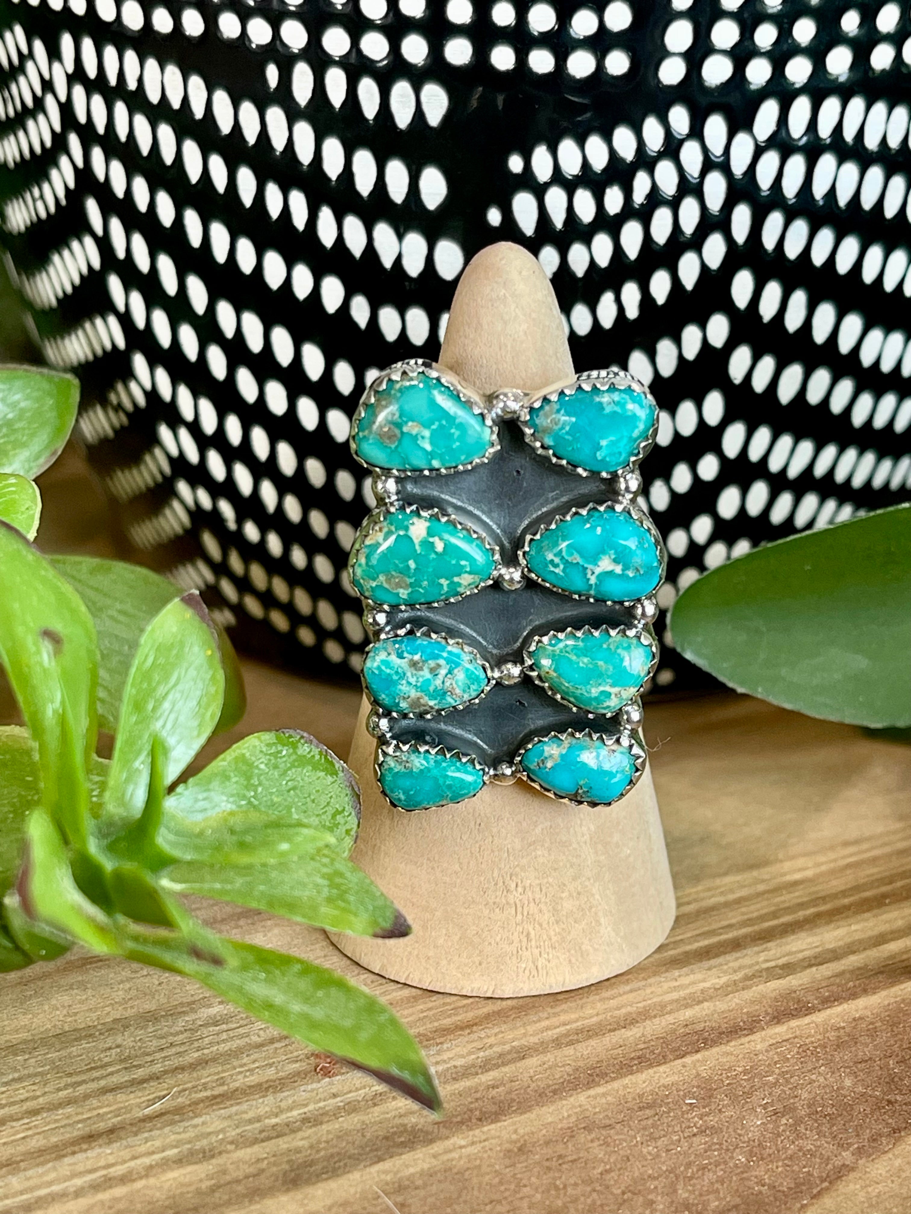 Southwest Handmade Sonoran Mountain Turquoise & Sterling Silver Cluster Adjustable Ring