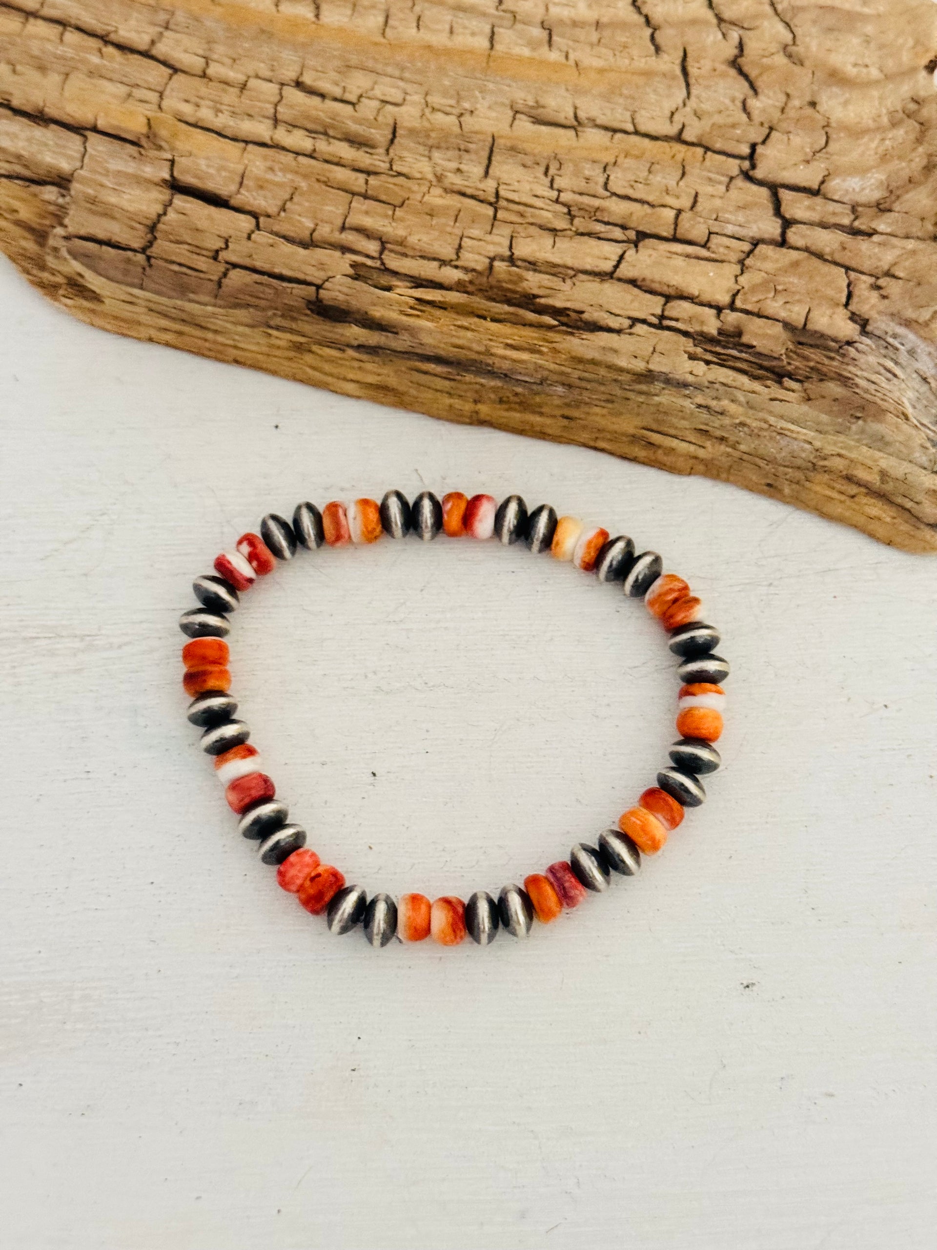 Navajo Strung Spiny Oyster & Sterling Silver Pearl Beaded Stretch Bracelet