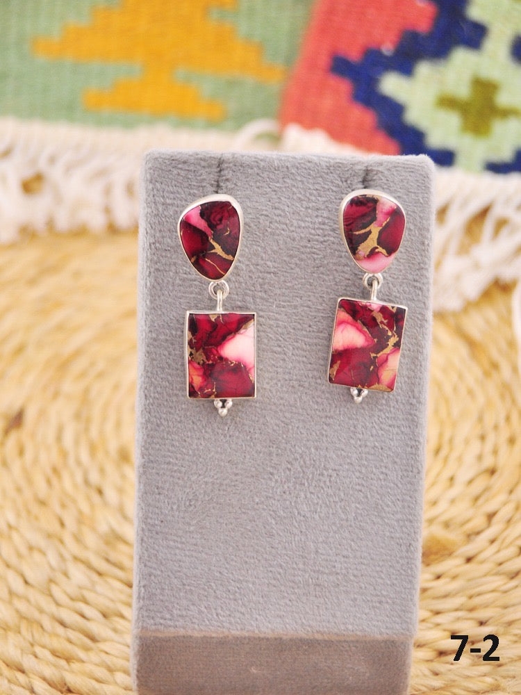 Southwest Made Rose Dahlia & Sterling Silver Dangle Earrings
