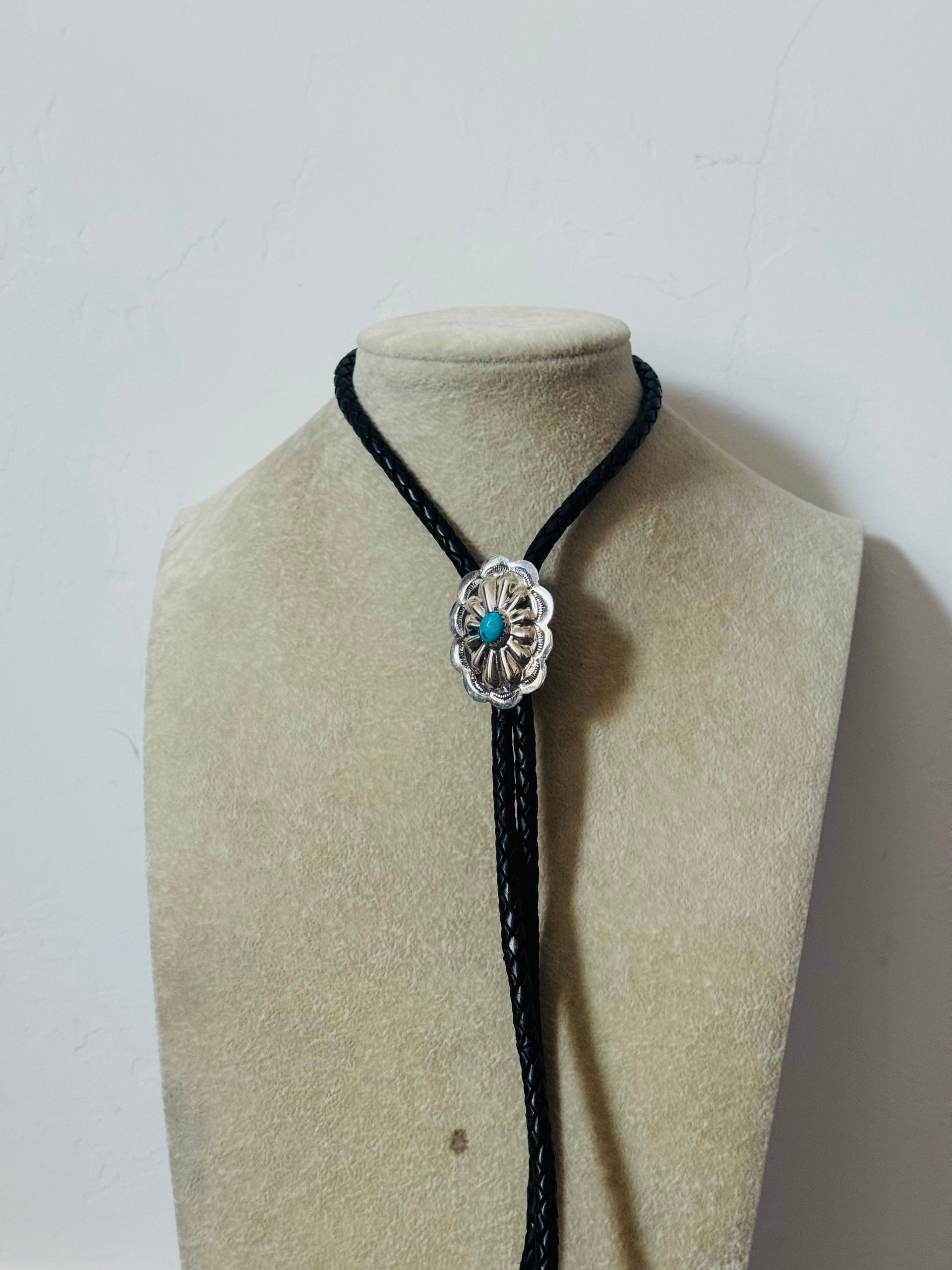 Navajo Made Kingman Turquoise & Sterling Silver Concho Bolo Tie