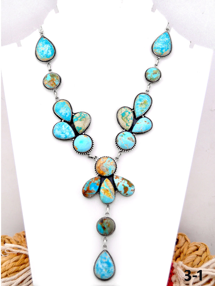 Southwest Handmade Ribbon Royston Turquoise & Sterling Silver Cluster Necklace