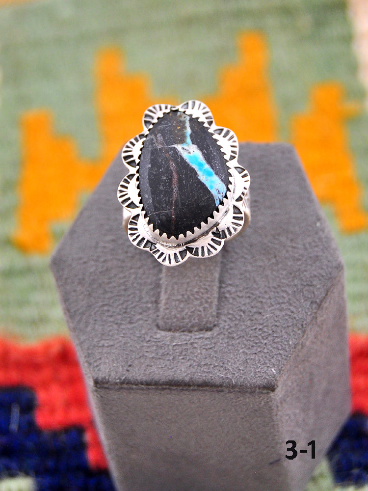 Southwest Handmade Black Jack Turquoise & Sterling Silver Adjustable Ring