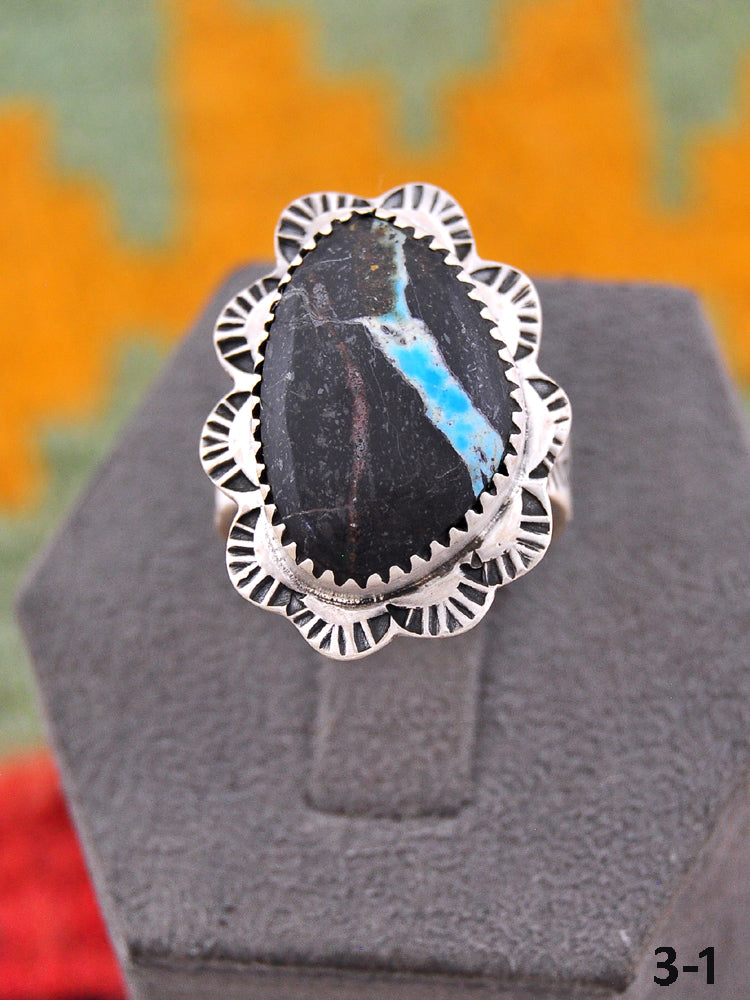 Southwest Handmade Black Jack Turquoise & Sterling Silver Adjustable Ring