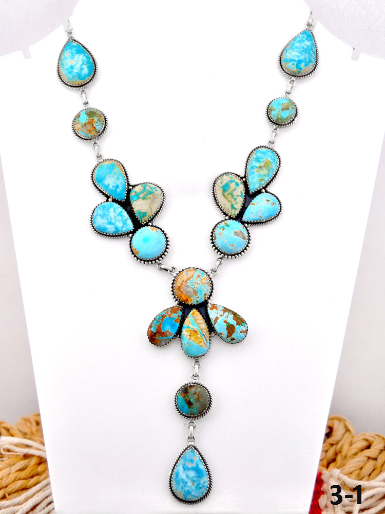 Southwest Handmade Ribbon Royston Turquoise & Sterling Silver Cluster Necklace