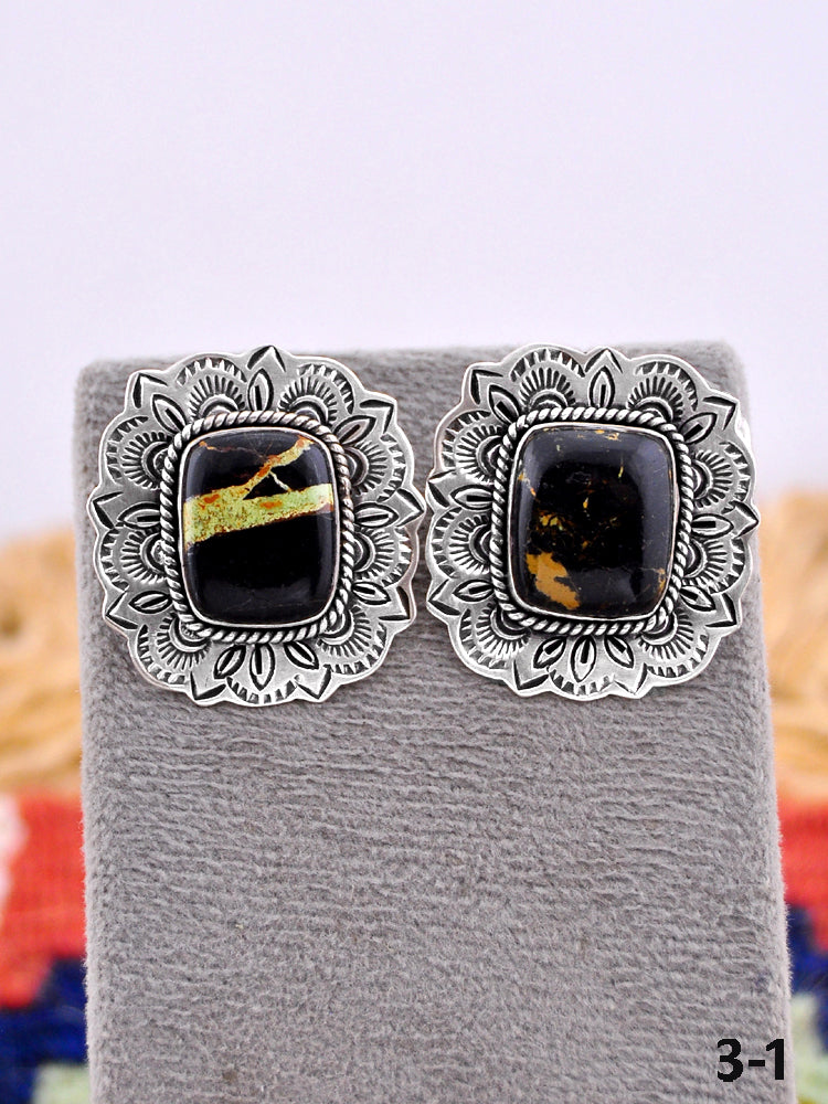 Southwest Made Black Jack Turquoise & Sterling Silver Post Earrings