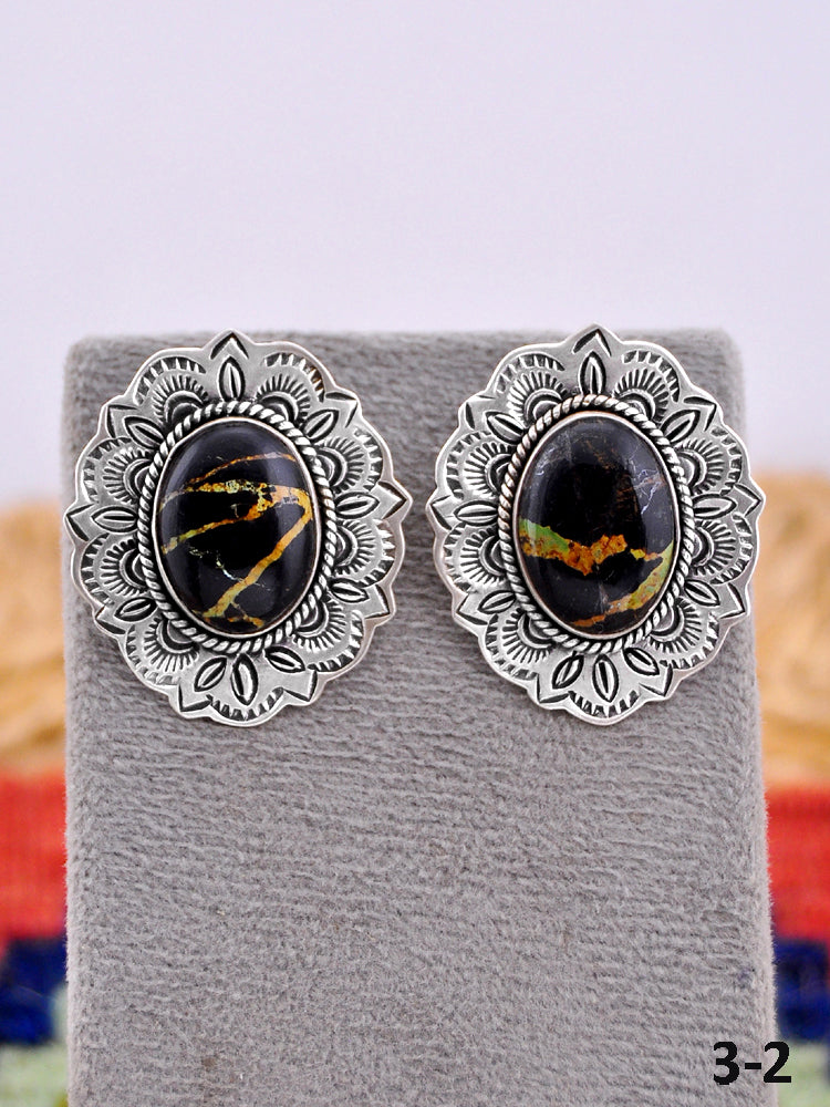Southwest Made Black Jack Turquoise & Sterling Silver Post Earrings