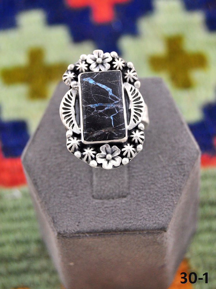 Southwest Handmade Black Jack Turquoise & Sterling Silver Adjustable Ring