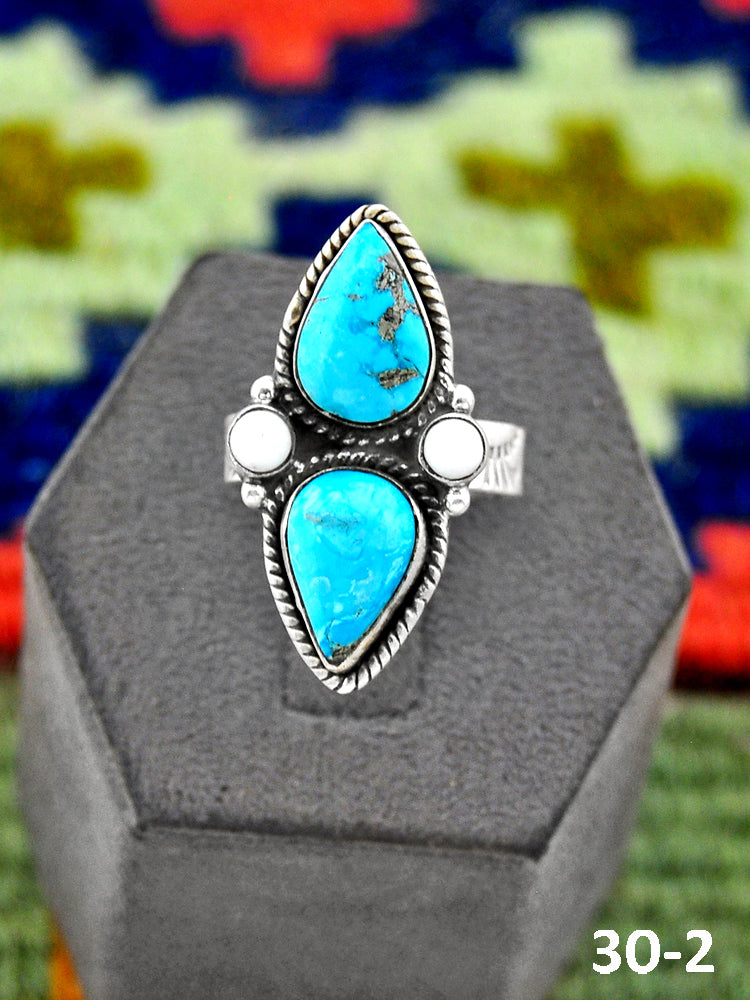Southwest Handmade Sierra Bella Turquoise with White Buffalo & Sterling Silver Adjustable Ring