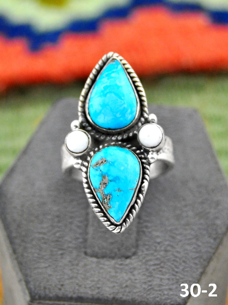 Southwest Handmade Sierra Bella Turquoise with White Buffalo & Sterling Silver Adjustable Ring