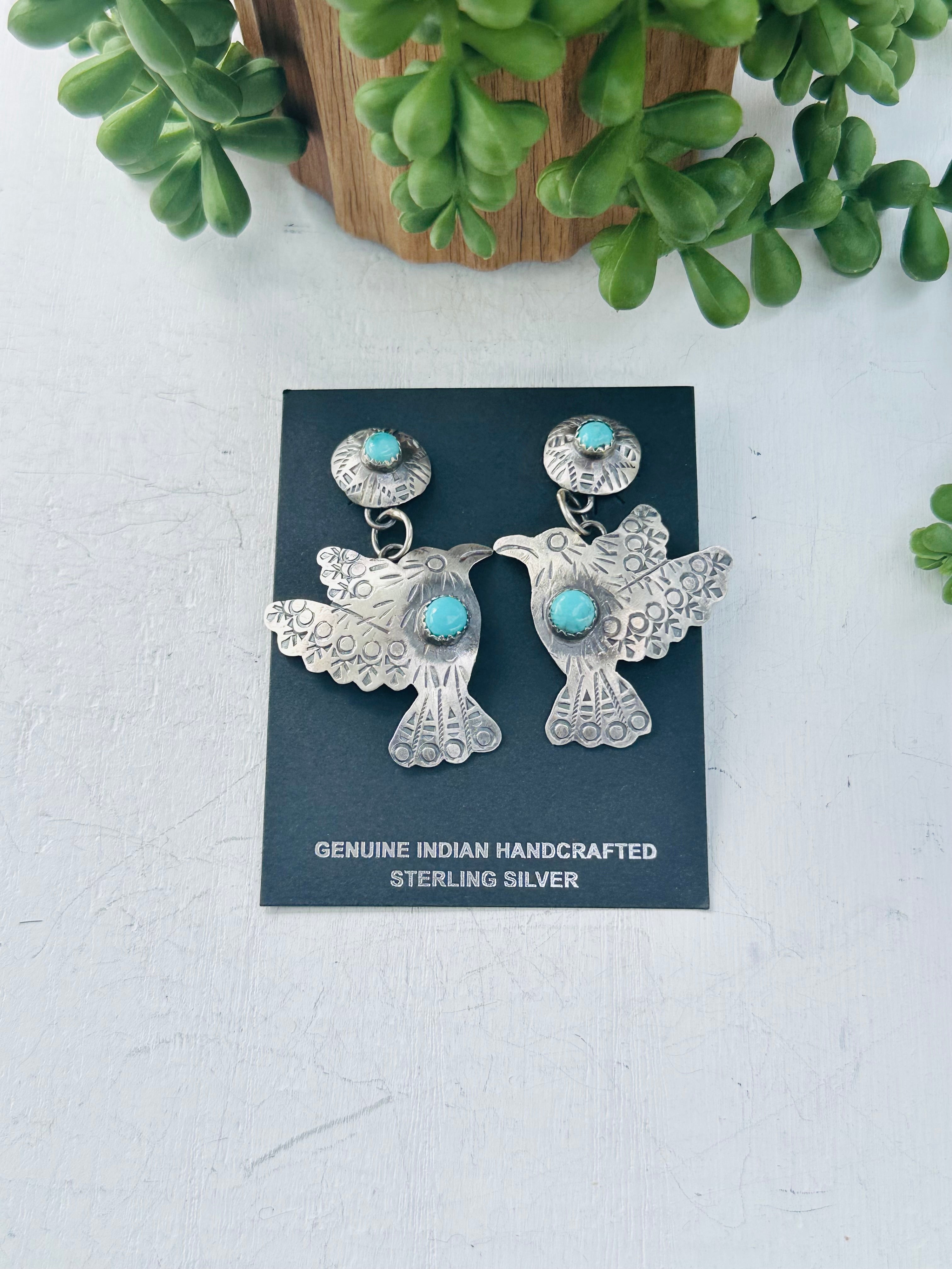 Tonya Yazzie Kingman Turquoise & Sterling Silver Hummingbird Dangle Earrings