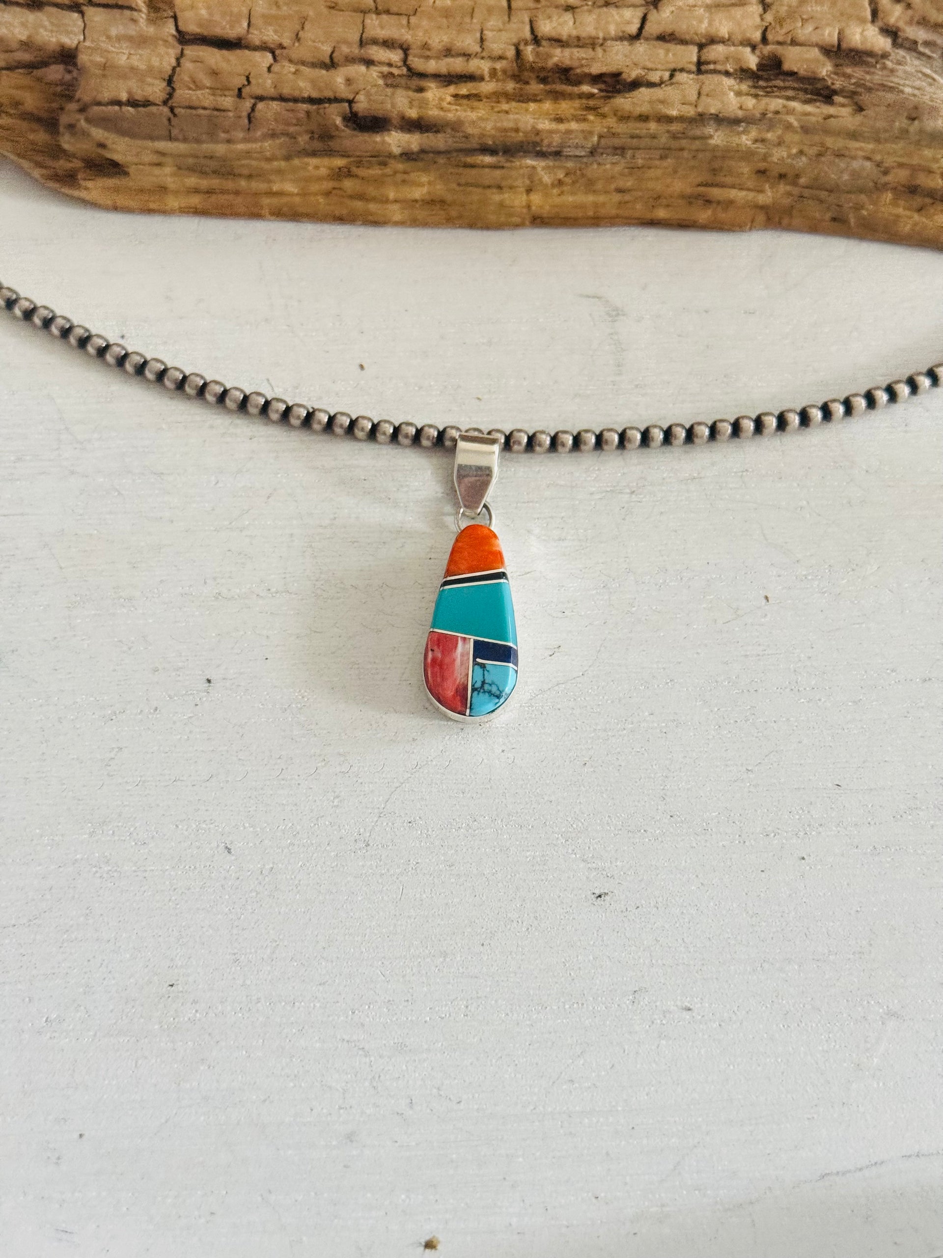 Navajo Made Multi Stone & Sterling Silver Inlay Pendant