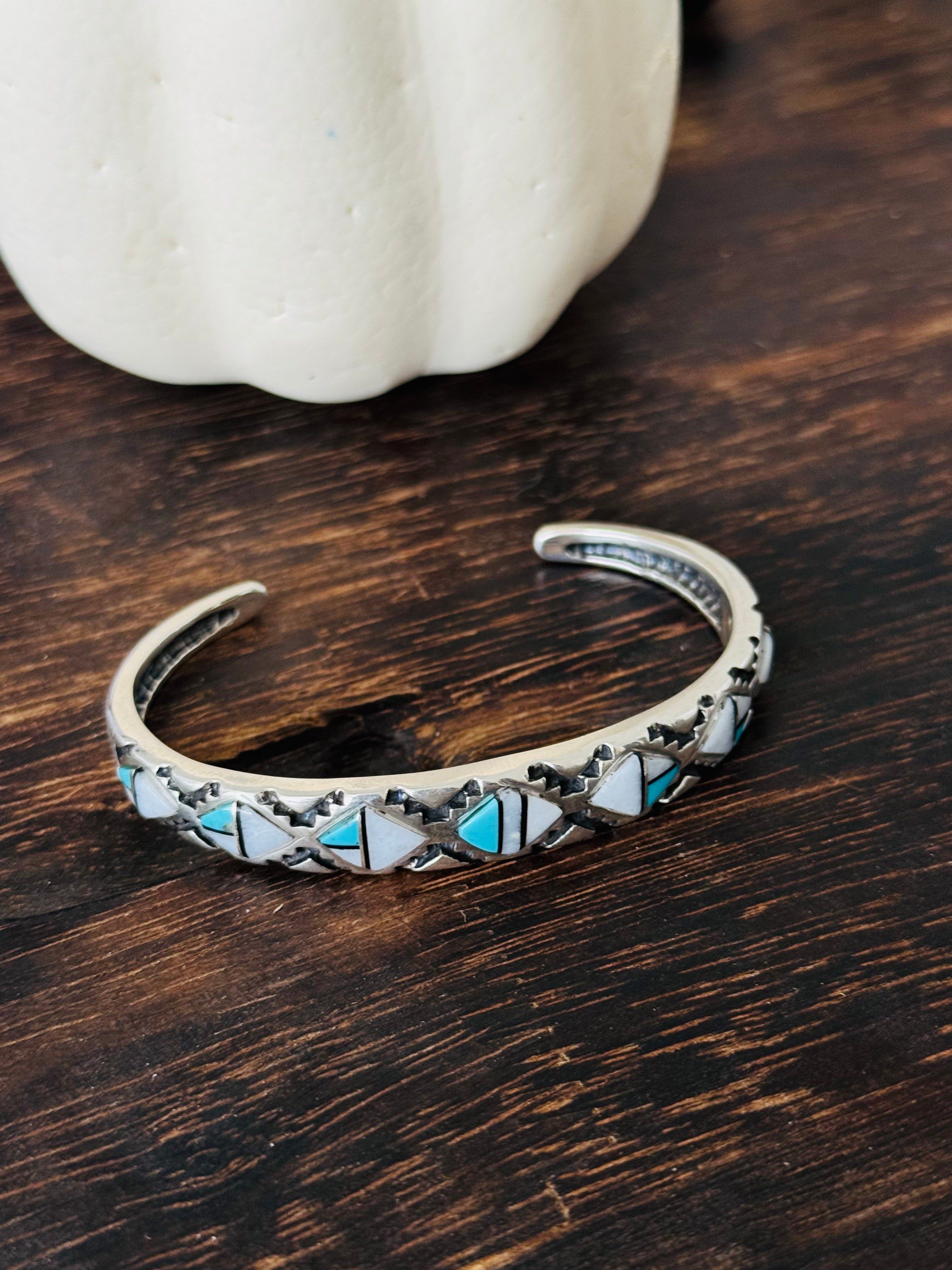 Navajo Made Multi Stone & Sterling Silver Inlay Cuff Bracelet