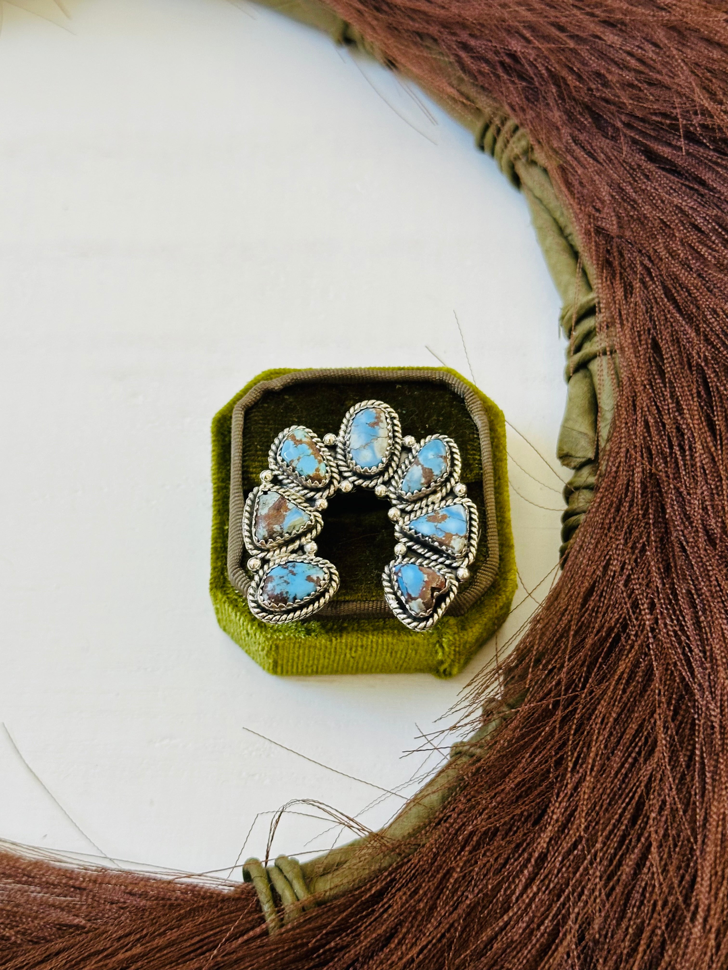 TTD “Prosperous” Golden Hills Turquoise & Sterling Silver Adjustable Cluster Naja Ring