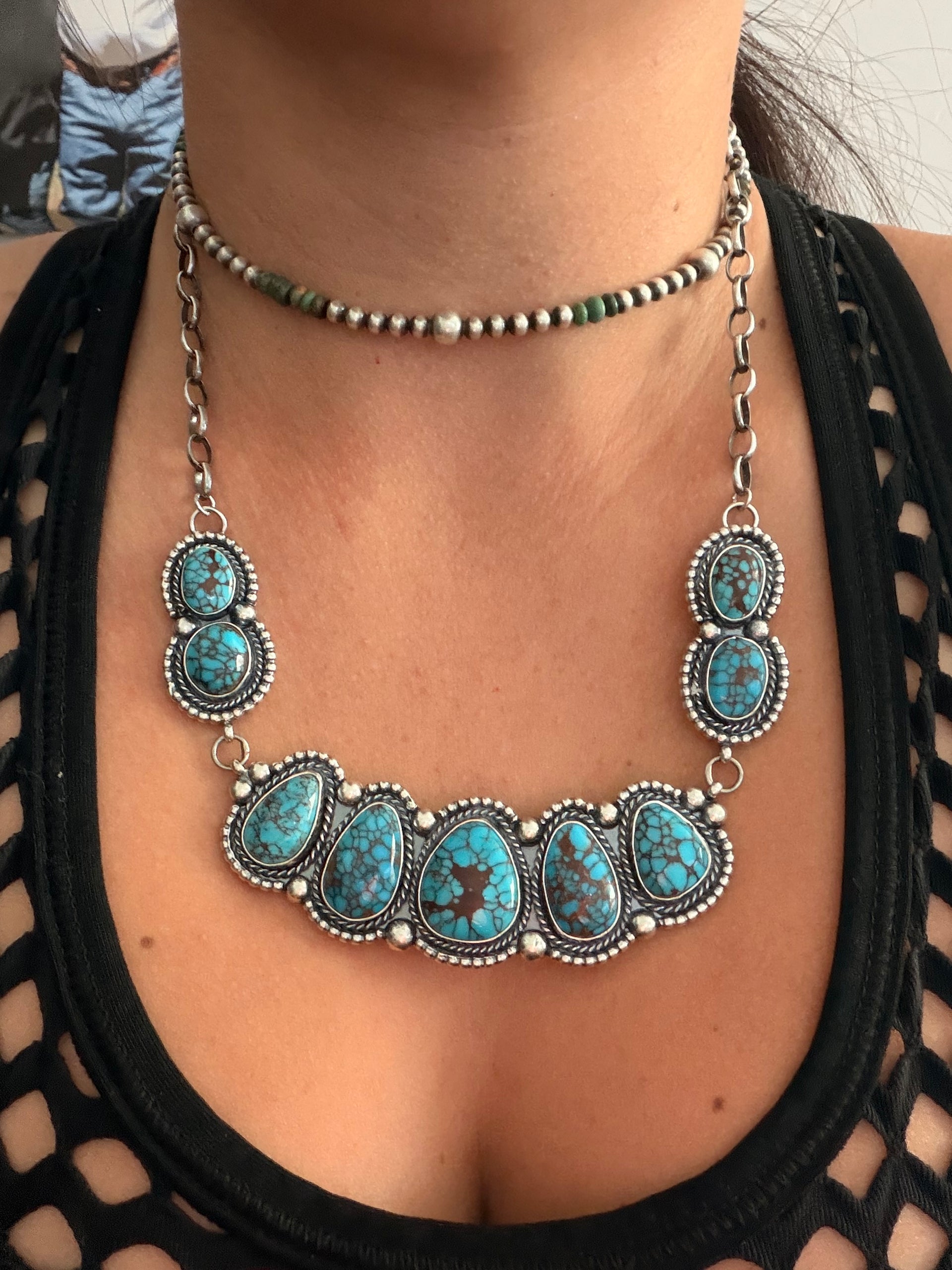 Fred Francis Egyptian Turquoise  & Sterling Silver Bar Cluster Necklace Set