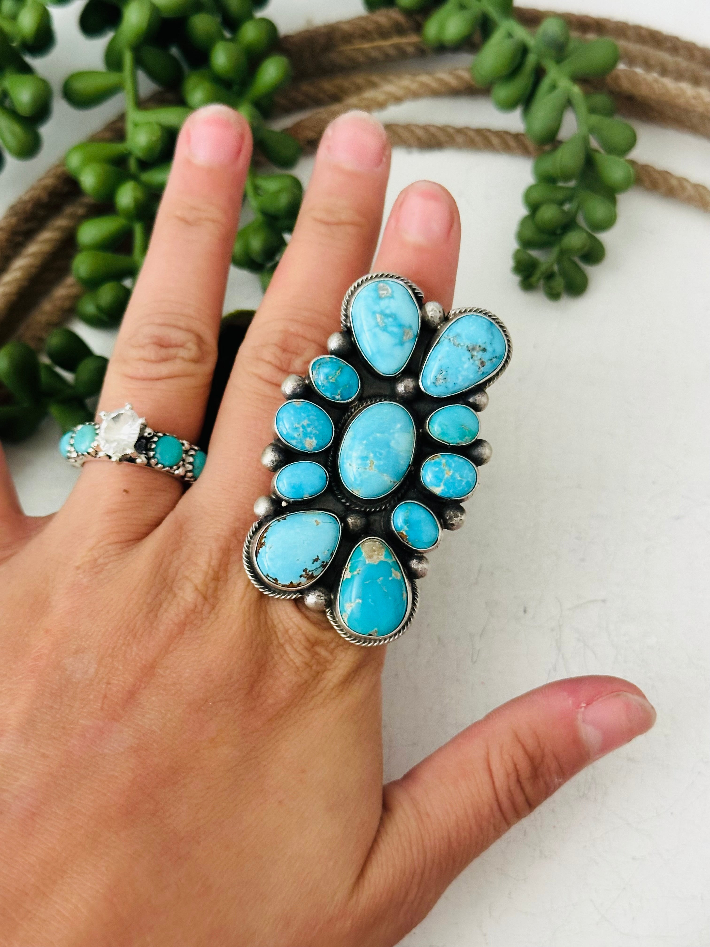 Sheila Tso Valley Blue Turquoise Sterling Silver Cluster Ring Size 8