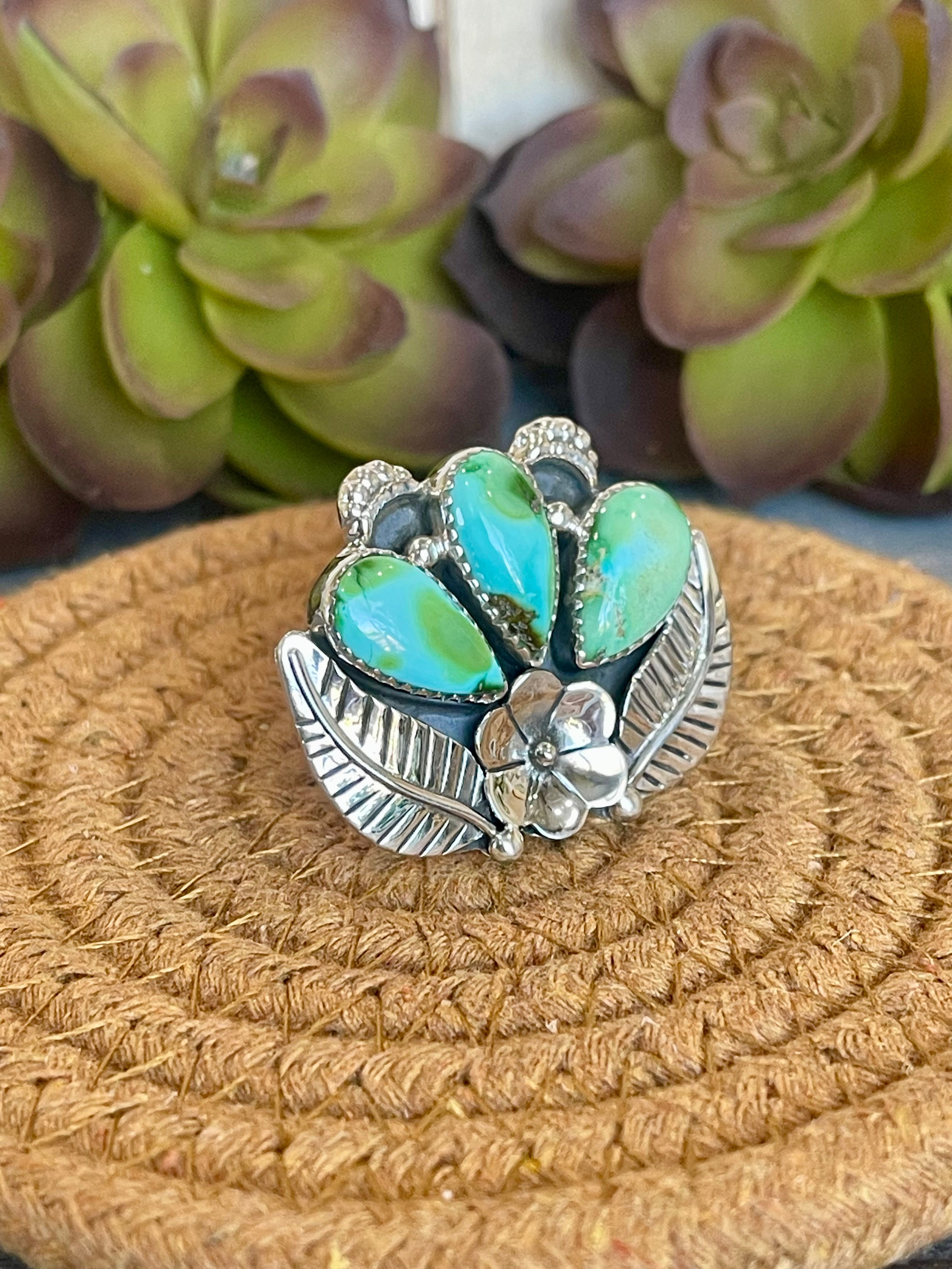 Southwest Handmade Sonoran Mountain Turquoise & Sterling Silver Adjustable Flower Ring