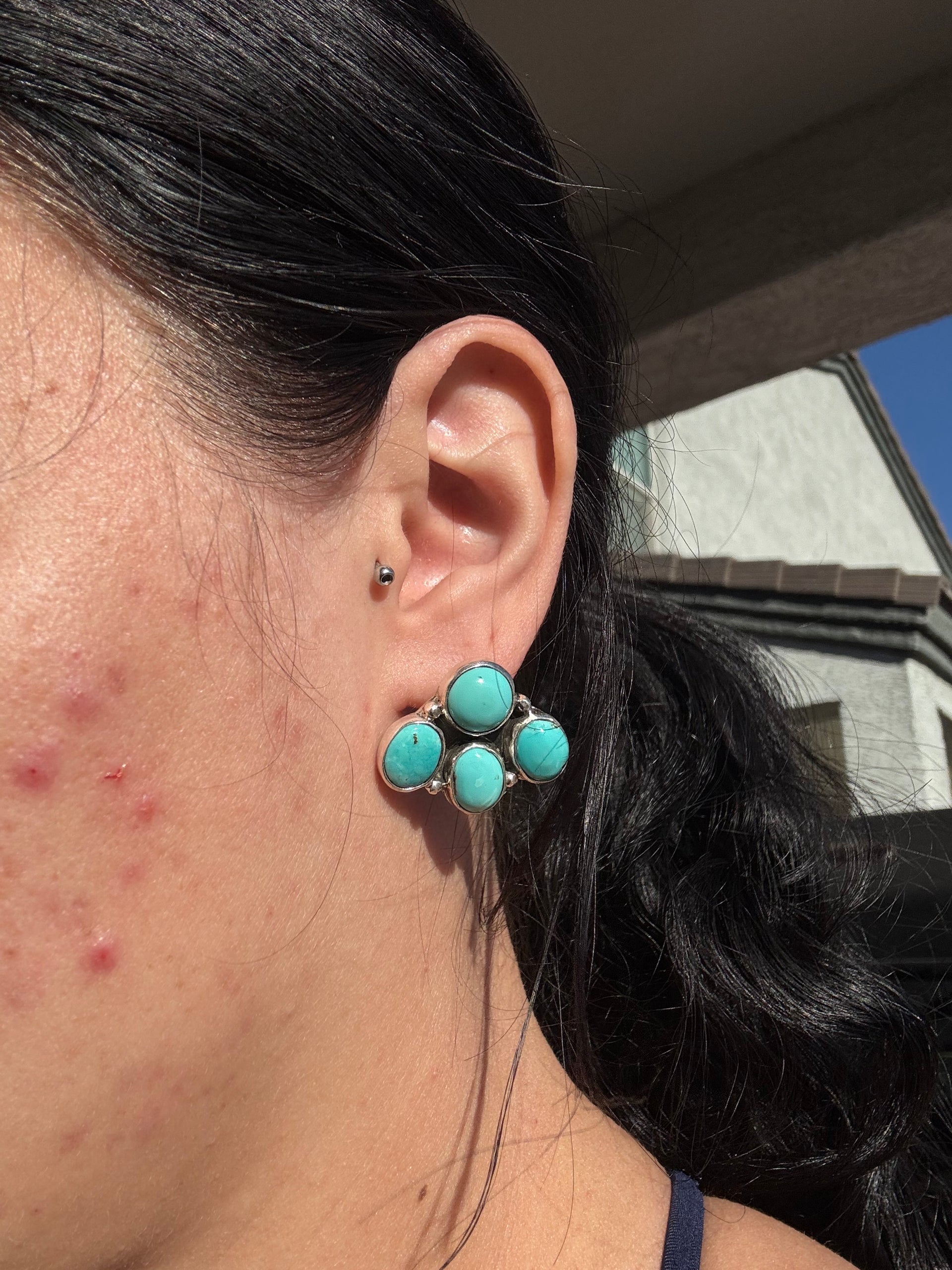 Navajo Made Kingman Turquoise & Sterling Silver Post Cluster Earrings