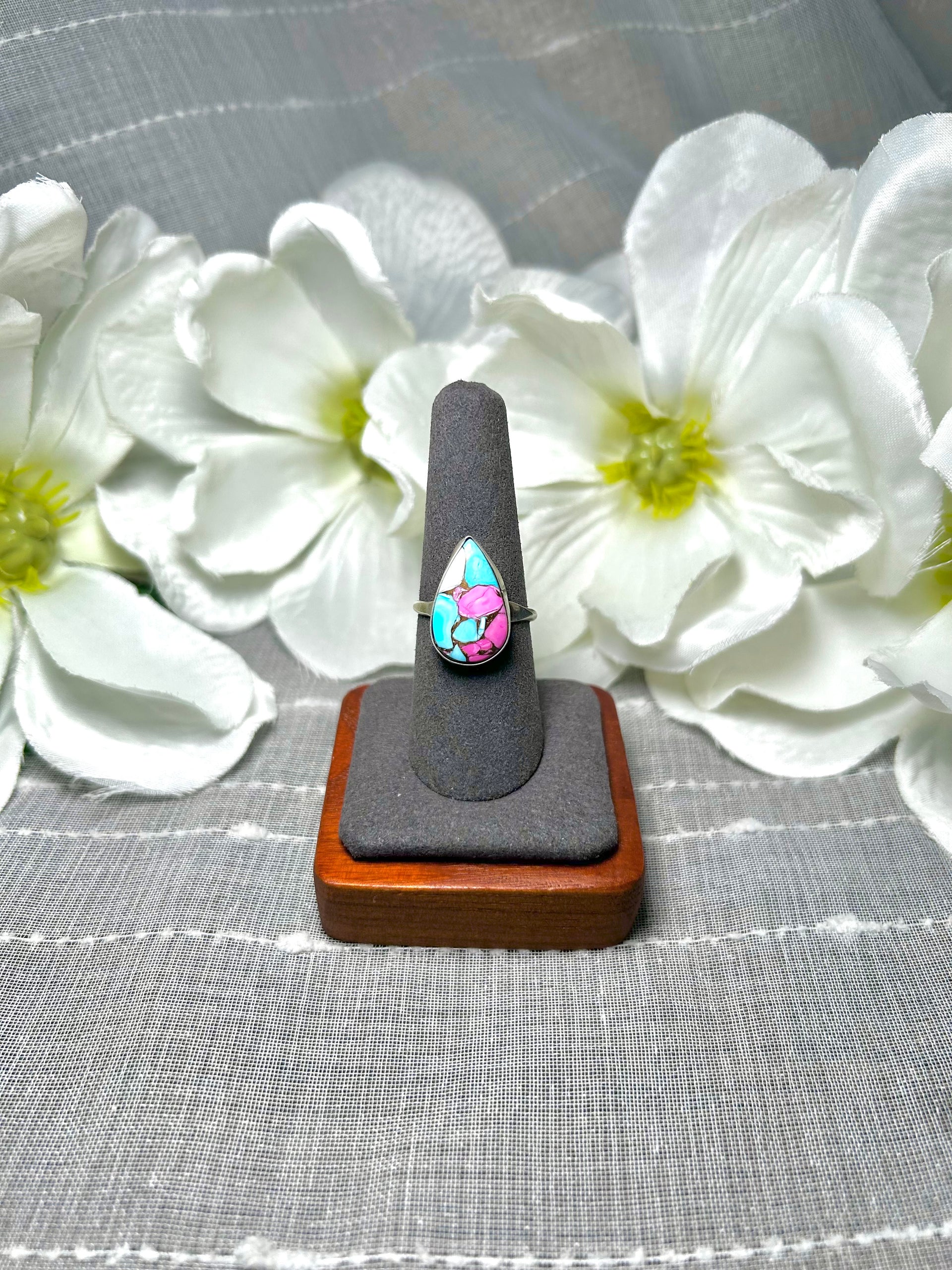 Navajo Made Cotton Candy Dahlia & Sterling Silver Ring Size 8.25