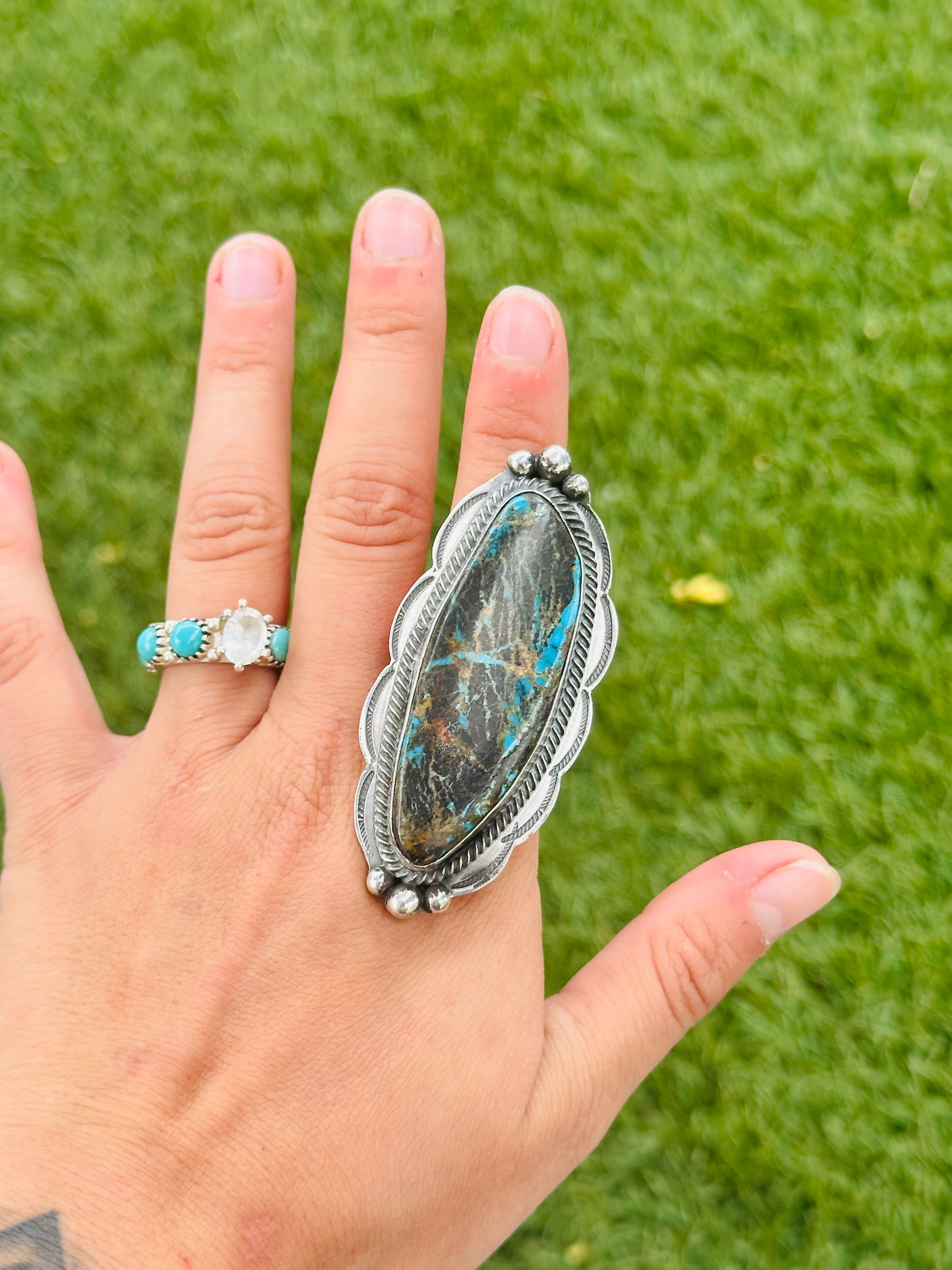 Navajo Made Black Jack Turquoise & Sterling Silver Adjustable Ring