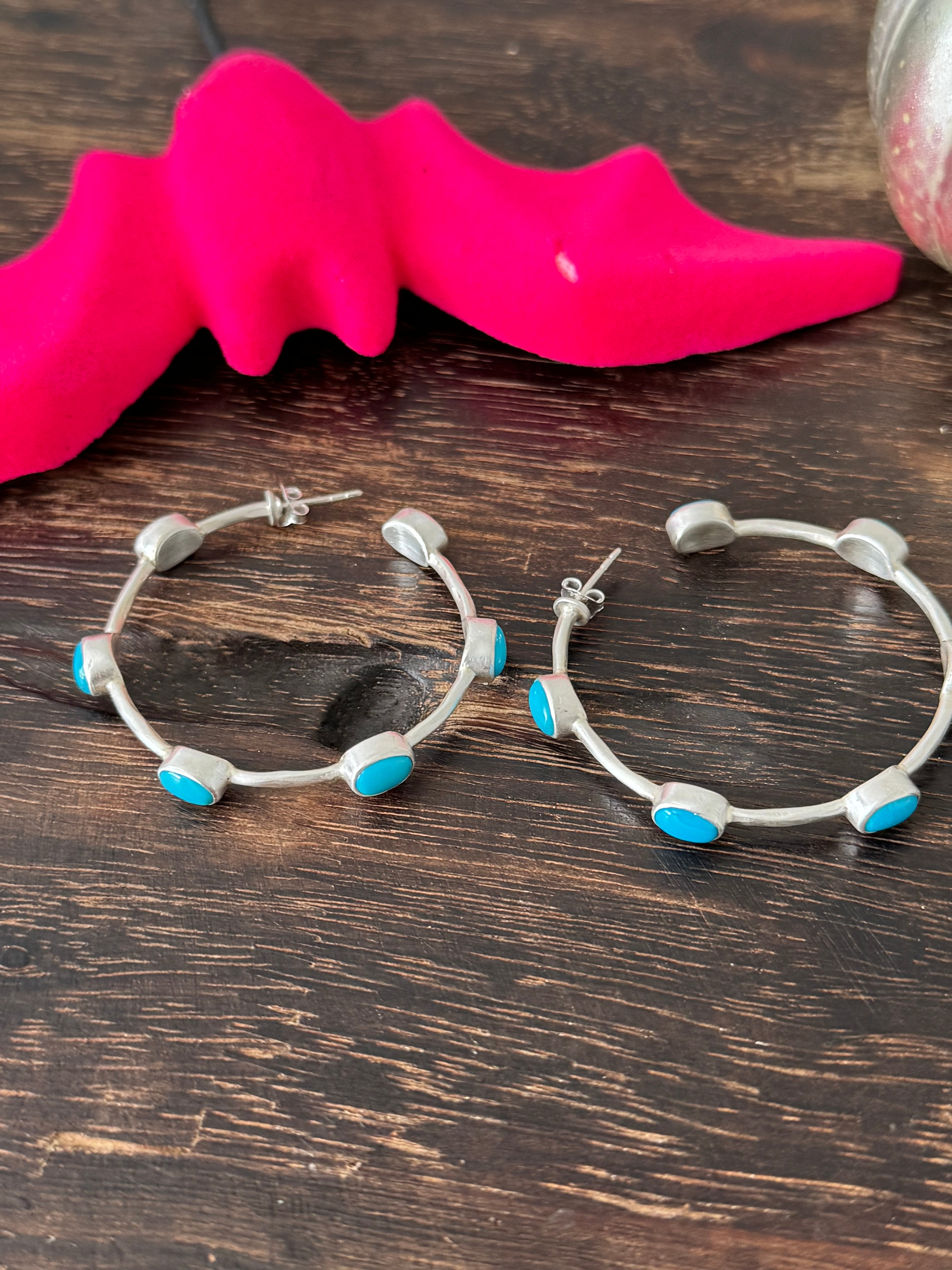 Southwest Handmade Kingman Turquoise & Sterling Silver Post Dangle Hoop Earrings