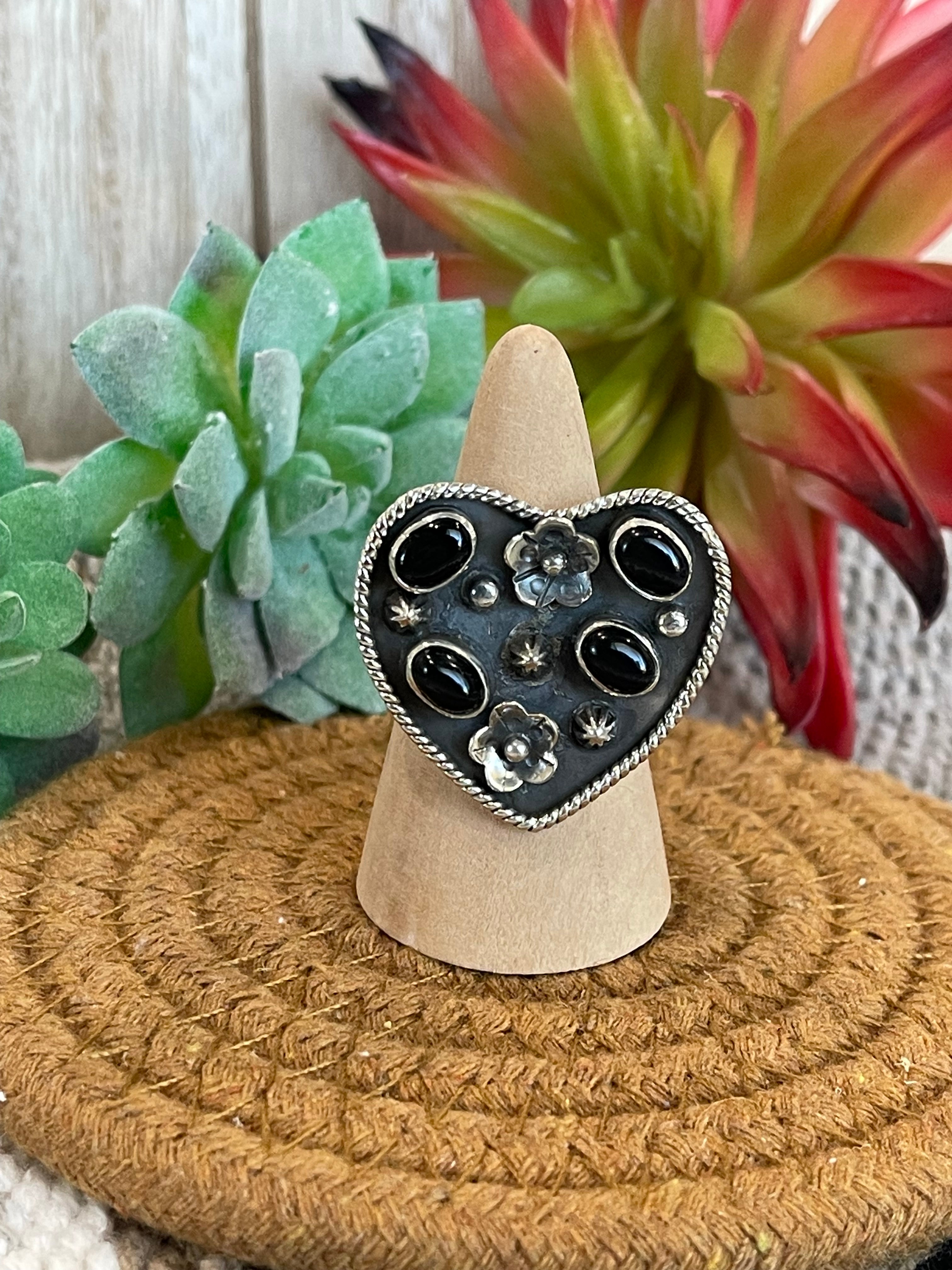 Southwest Handmade Black Onyx  & Sterling Silver Adjustable Heart Ring