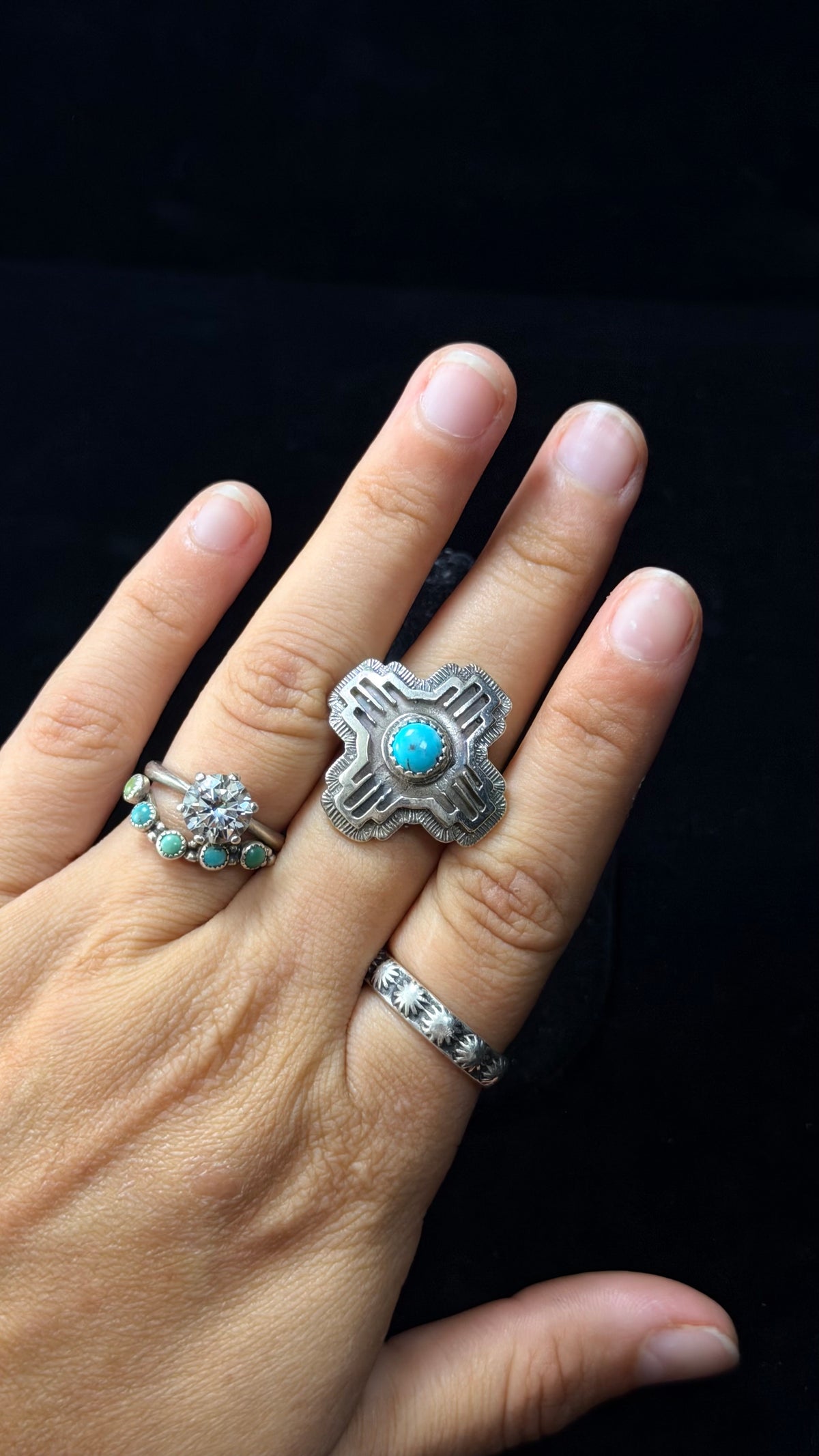Navajo Made Kingman Turquoise & Sterling Silver Zia Rings