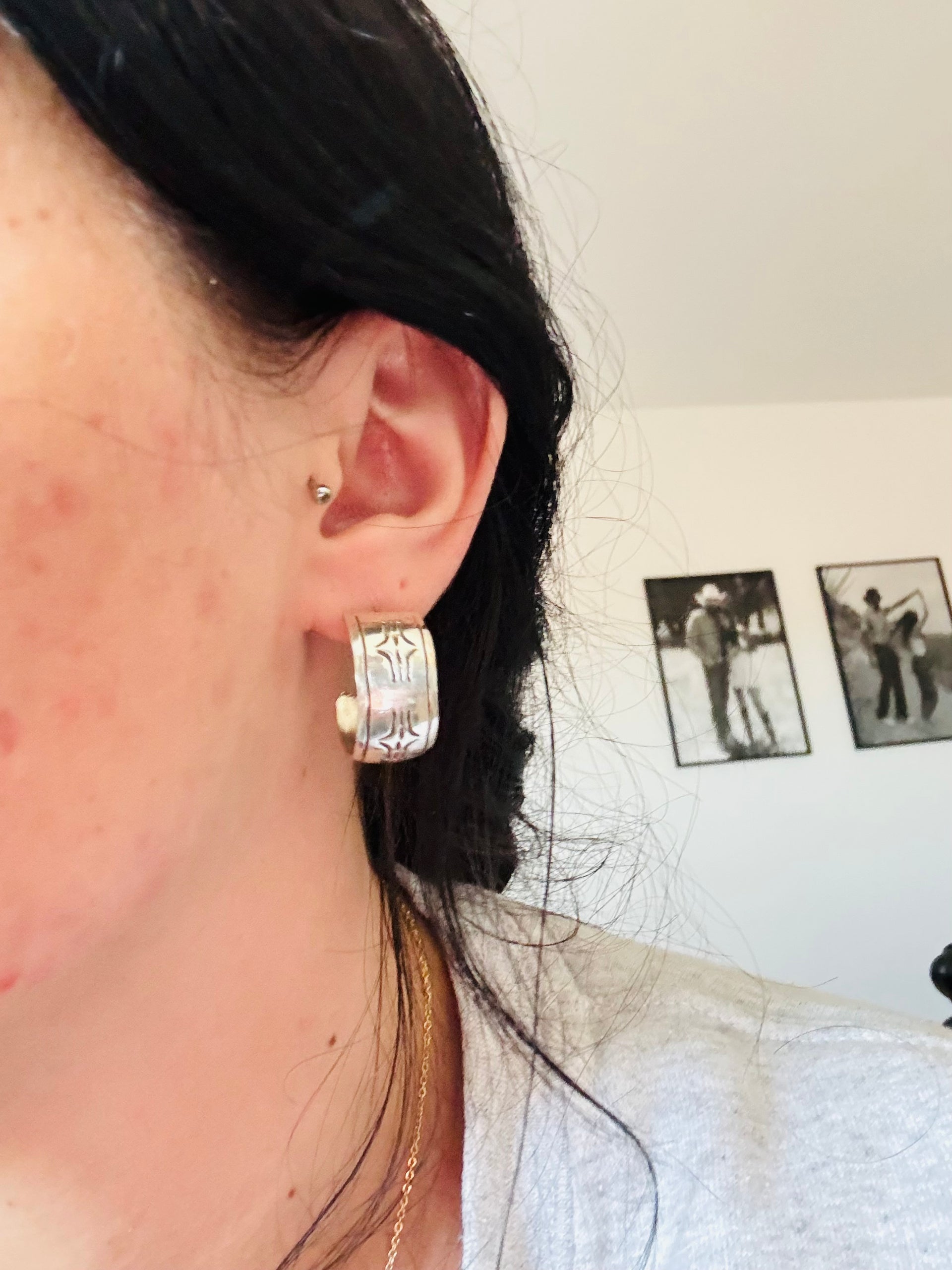 Navajo Made Sterling Silver Post Hoop Earrings