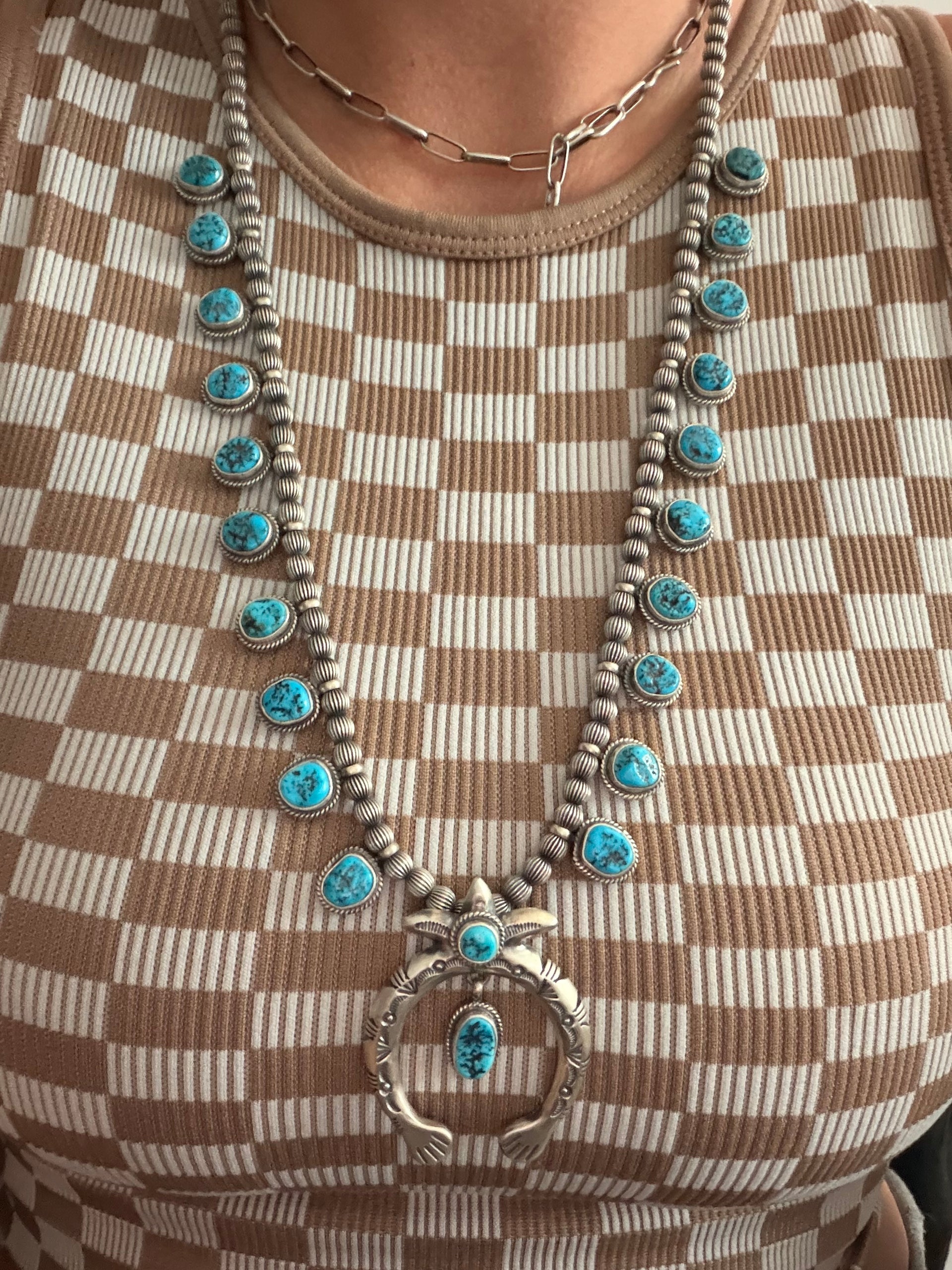 Navajo Made Kingman Turquoise & Sterling Silver Squash Blossom Necklace Set