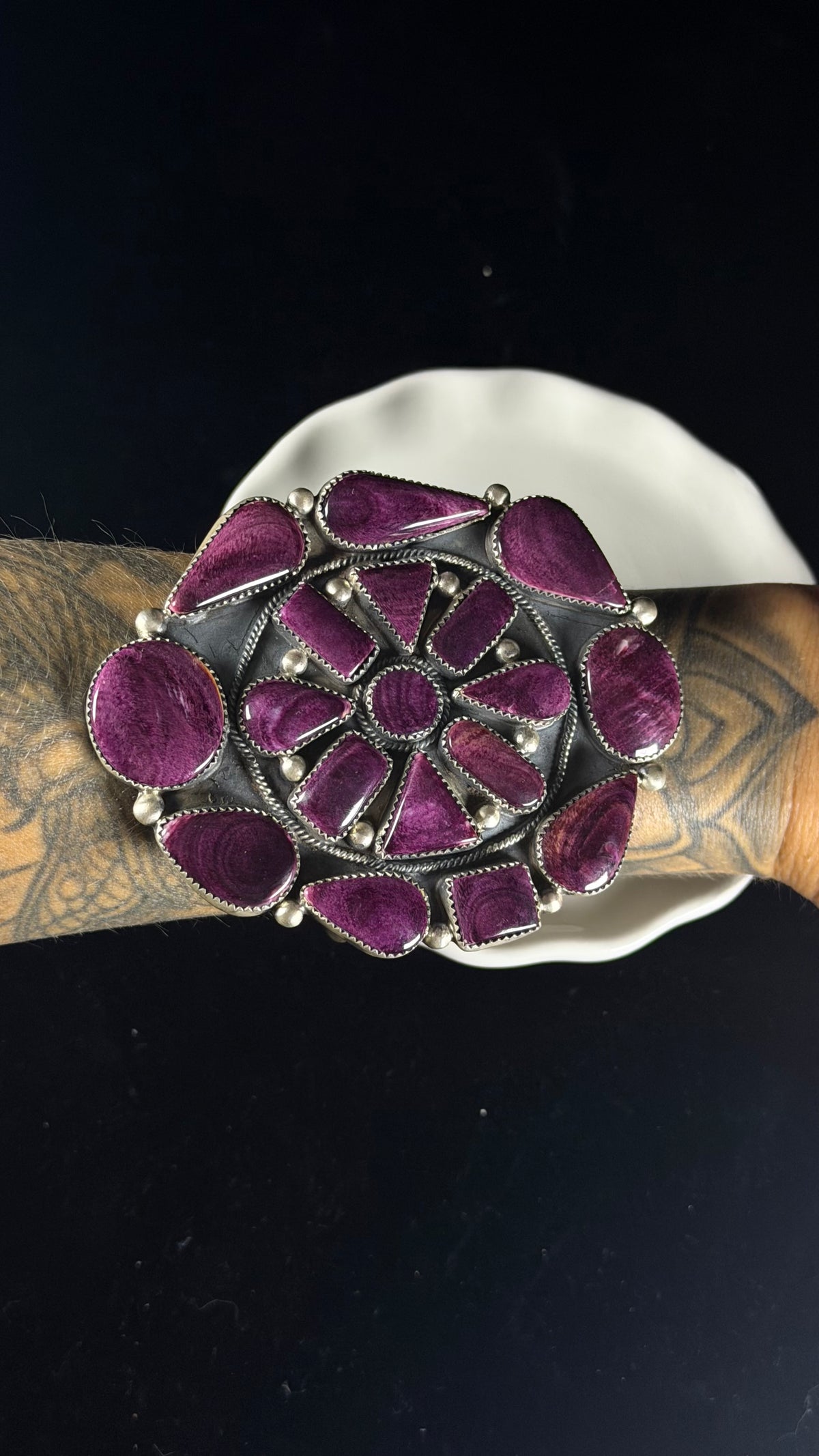 Navajo Made Purple Spiny Oyster & Sterling Silver Cluster Cuff Bracelet