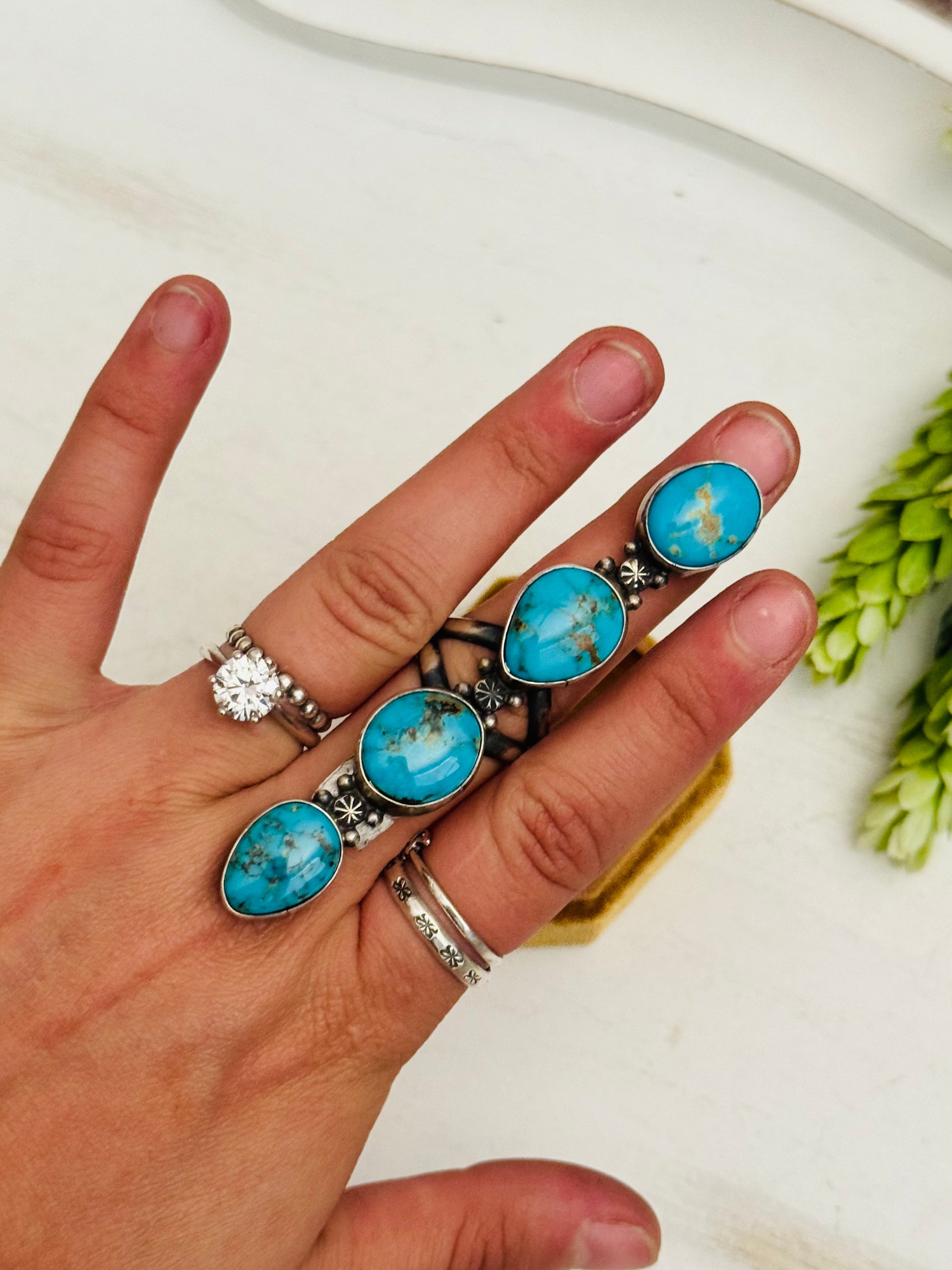 Sheila Becenti Blue Ridge Turquoise & Sterling Silver Cluster Ring Size 7.5