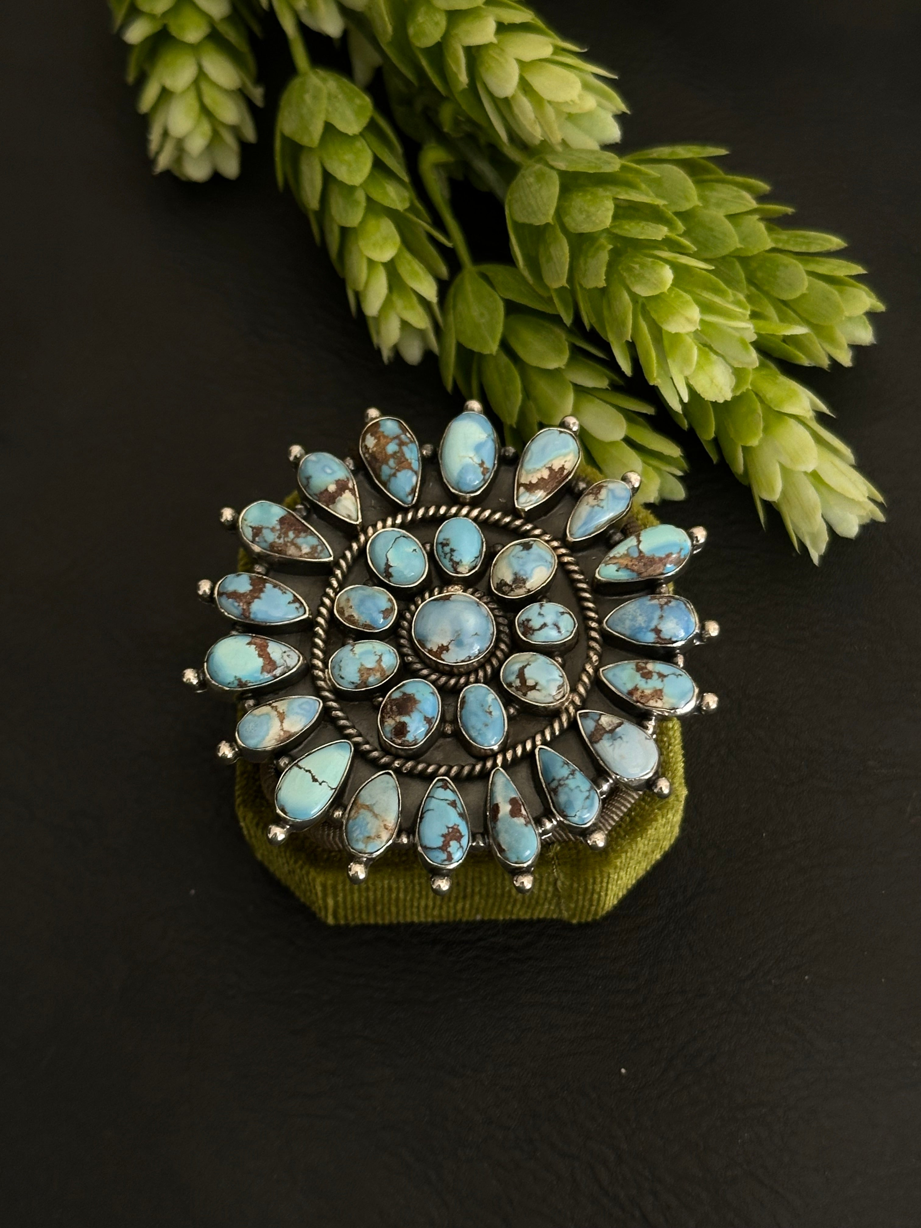 Southwest Handmade Golden Hills Turquoise & Sterling Silver Adjustable Cluster Ring