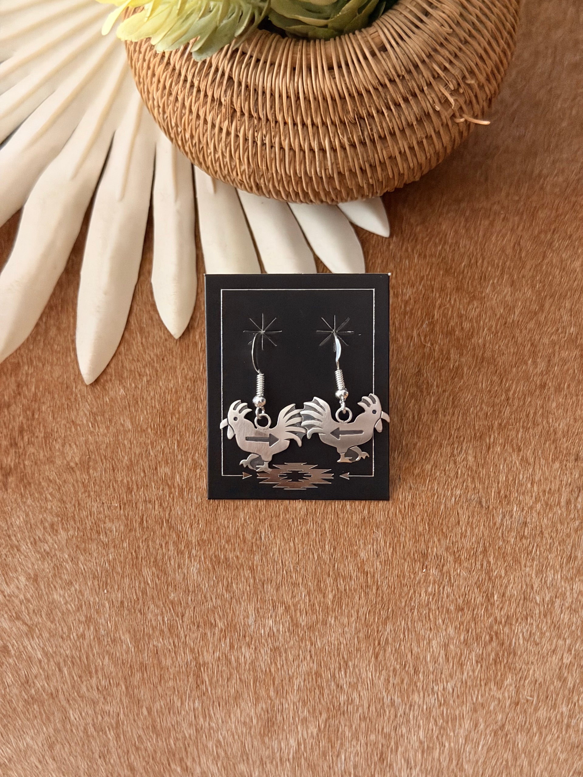 Navajo Made Sterling Silver Rooster Dangle Earrings