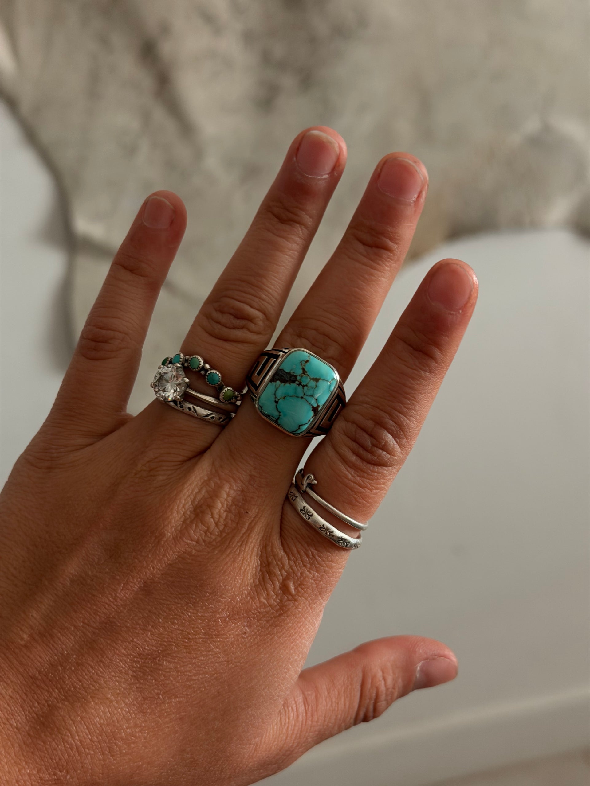 Navajo Made Mine 8 Turquoise & Sterling Silver Cast Ring Size 9