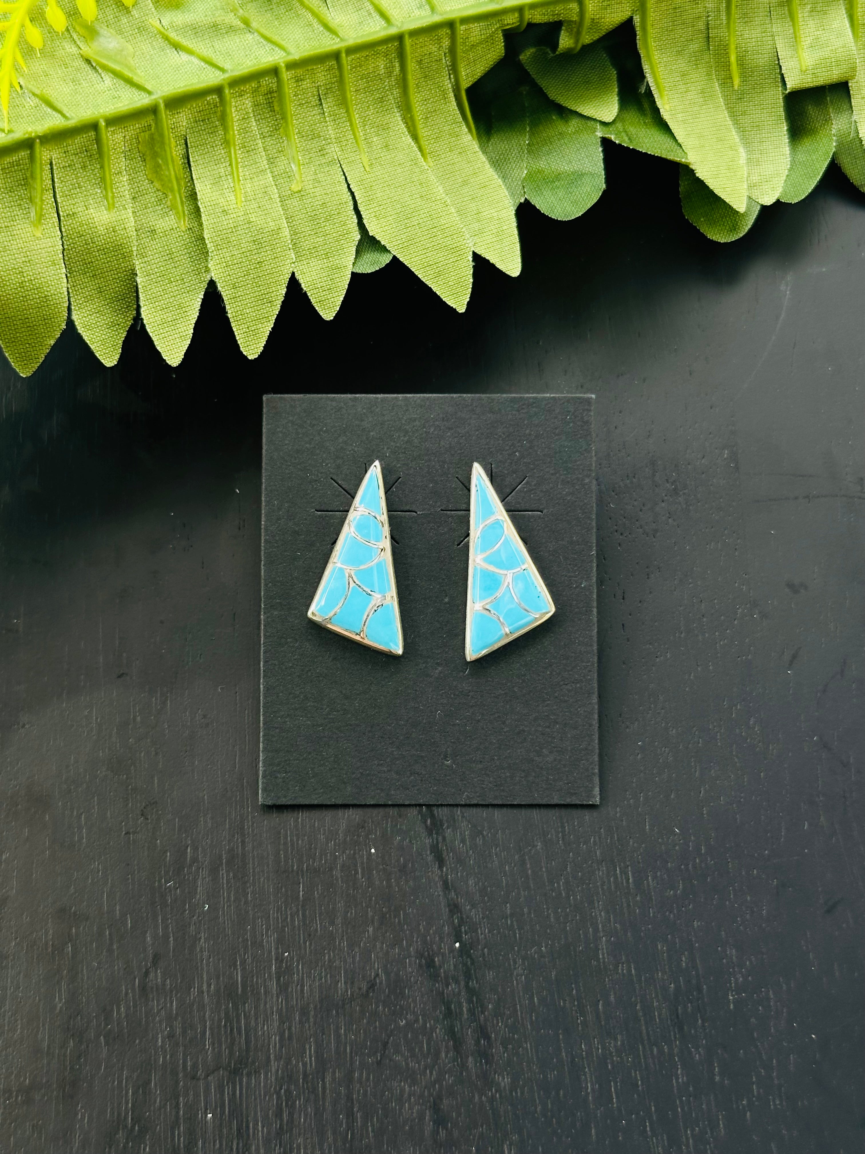 Zuni Handmade Kingman Turquoise & Sterling Silver Post Inlay Earrings