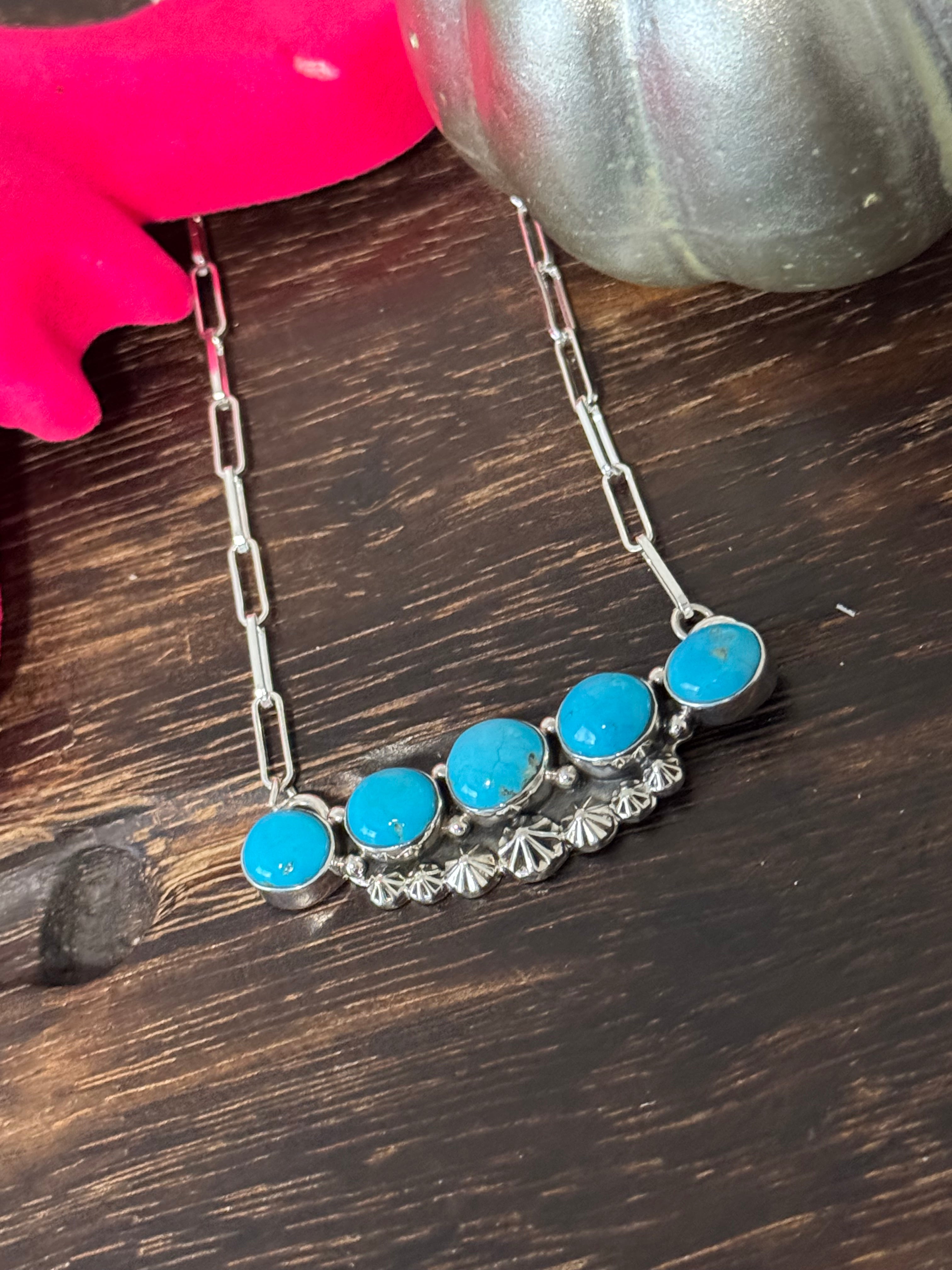 Southwest Handmade Kingman Turquoise & Sterling Silver Cluster Bar Necklace