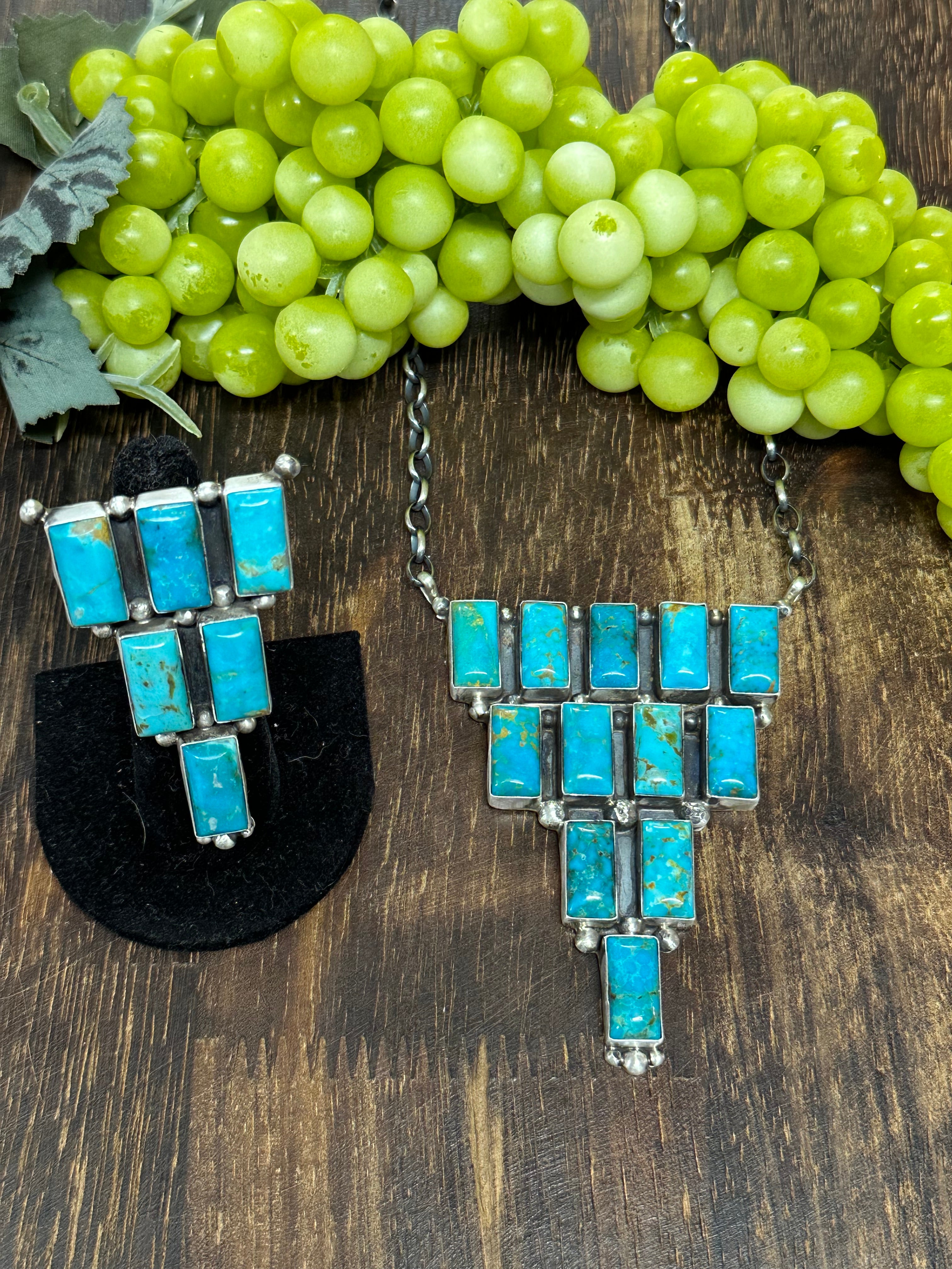 Donovan Skeets Kingman Turquoise & Sterling Silver Cluster Necklace & Adjustable Ring Set