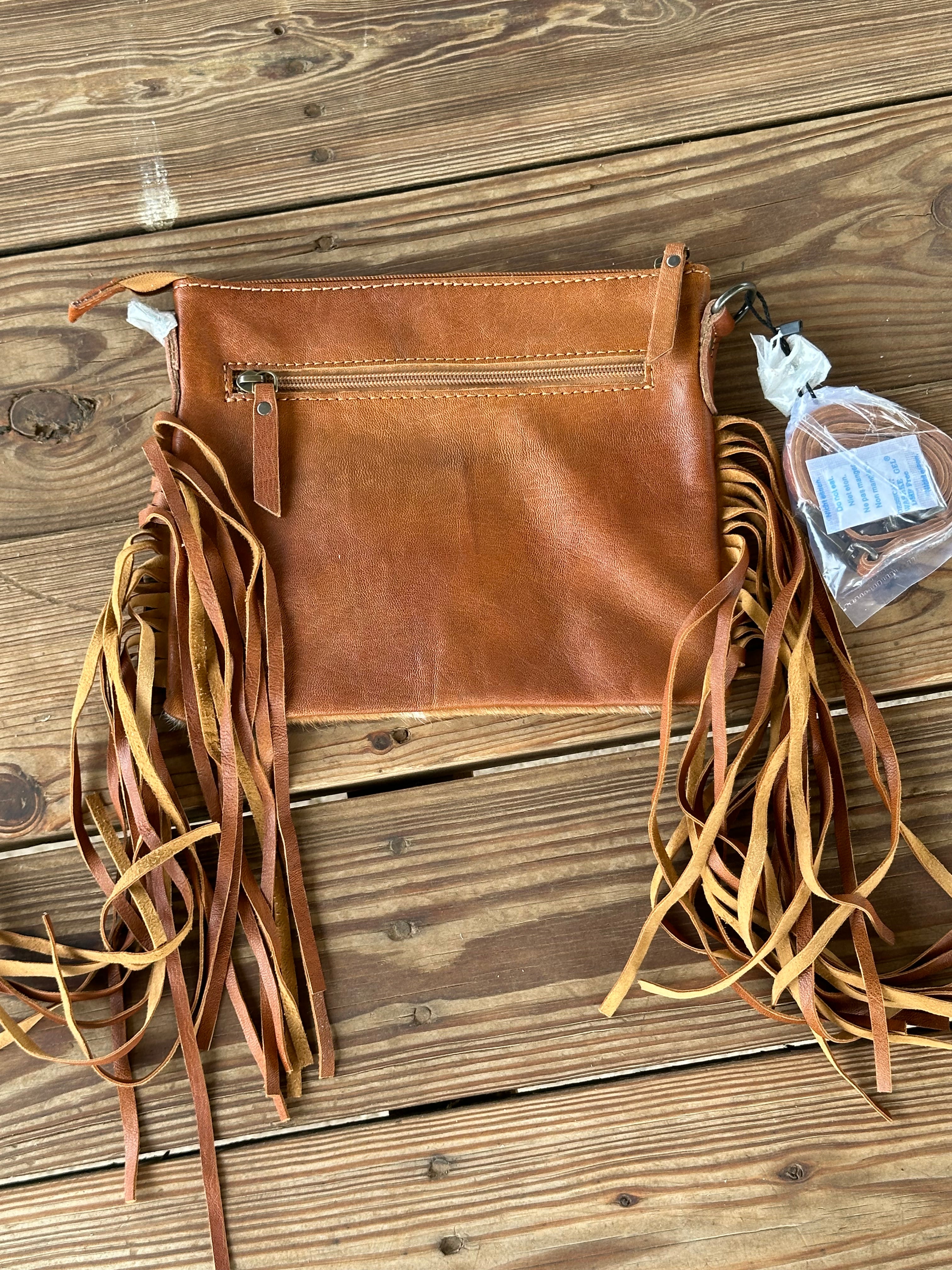 Genuine Leather Cowhide Tooled Cross Body Fringe Purse