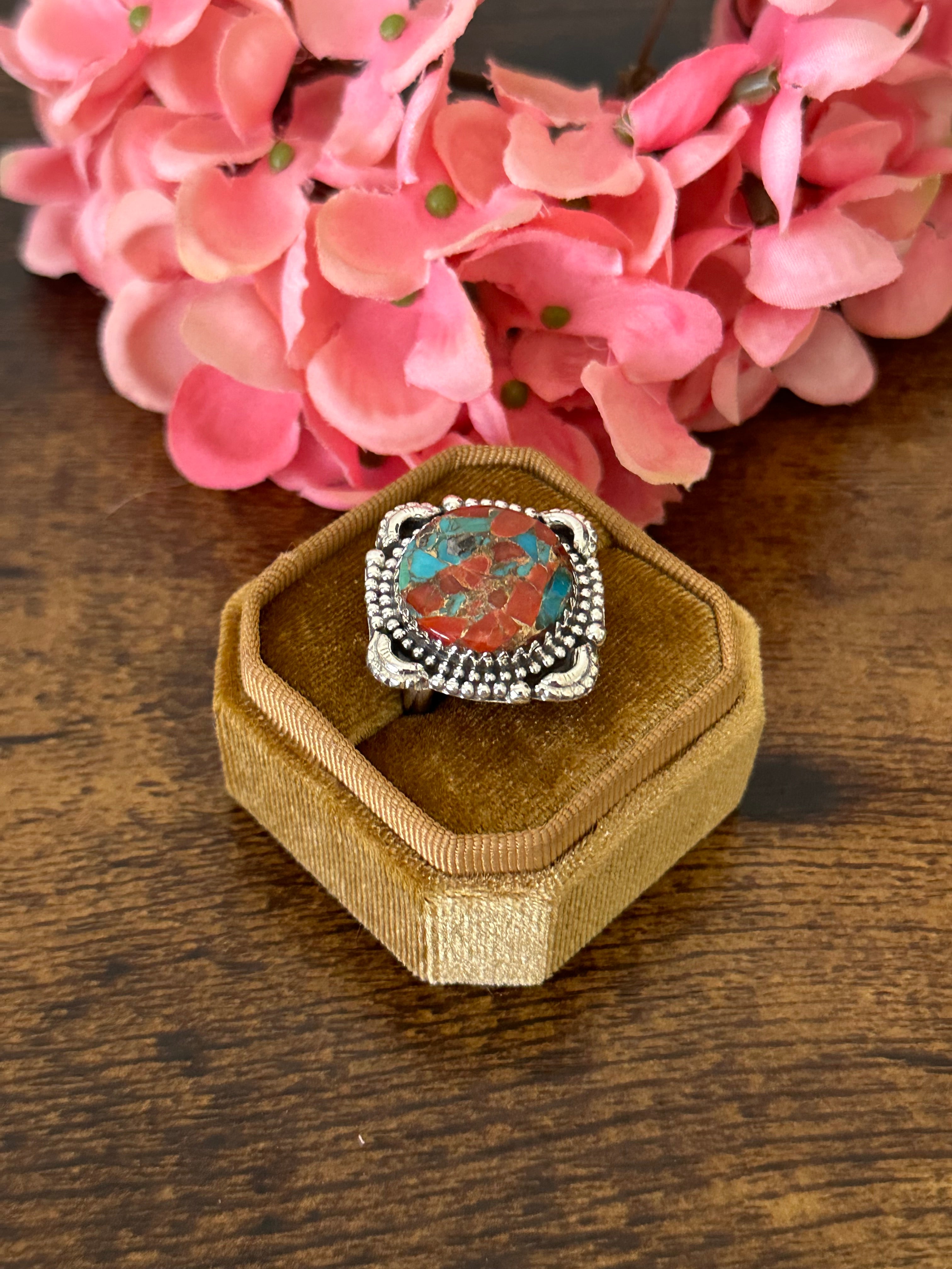 Southwest Handmade Red Mohave Turquoise & Sterling Silver Ring Size 8.5