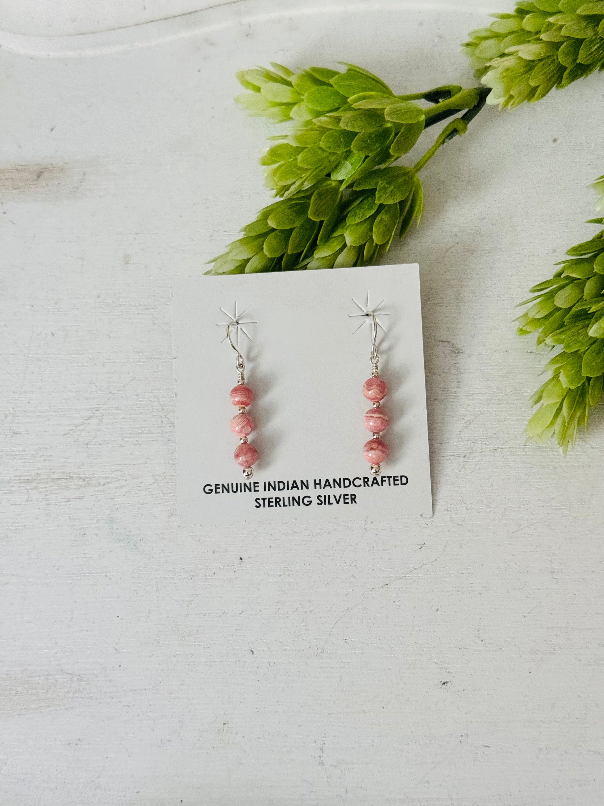 Navajo Made Rhodochrosite & Sterling Silver Dangle Earrings