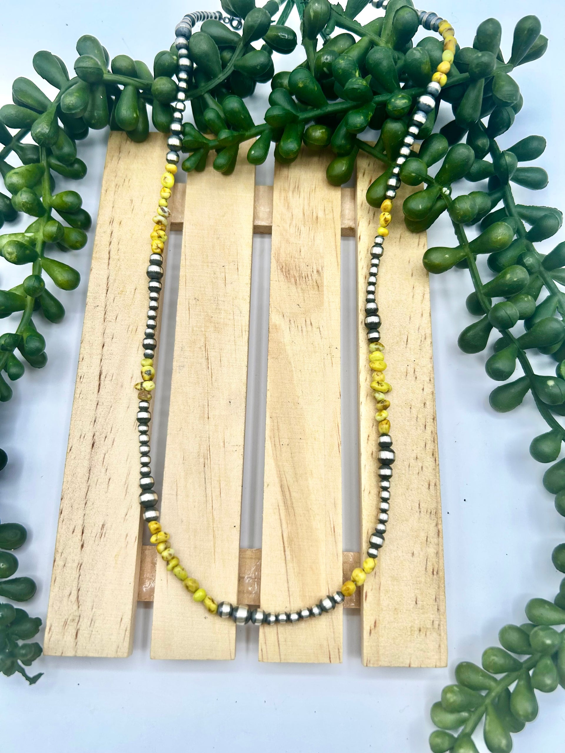 Navajo Made Strung Palomino Variscite & Sterling Silver Necklace