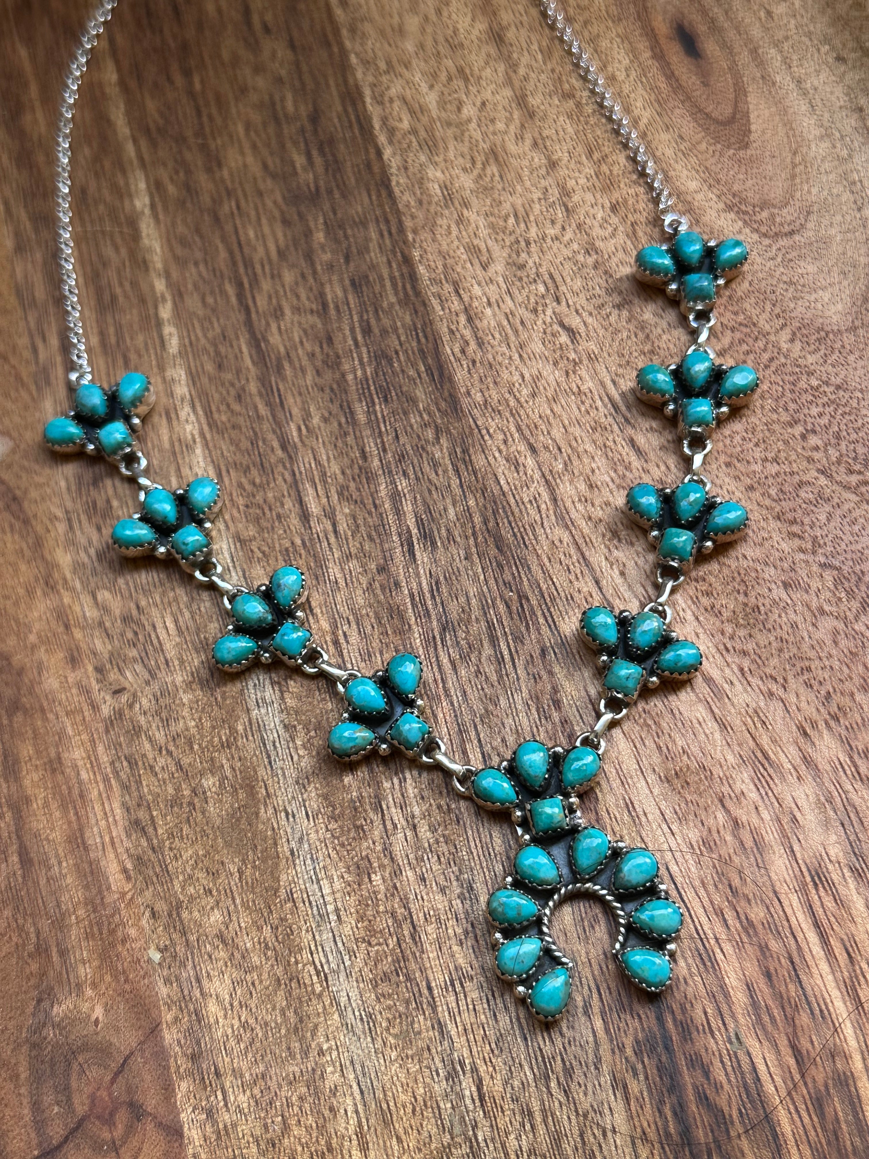 Southwest Handmade Kingman Turquoise & Sterling Silver Cluster Necklace