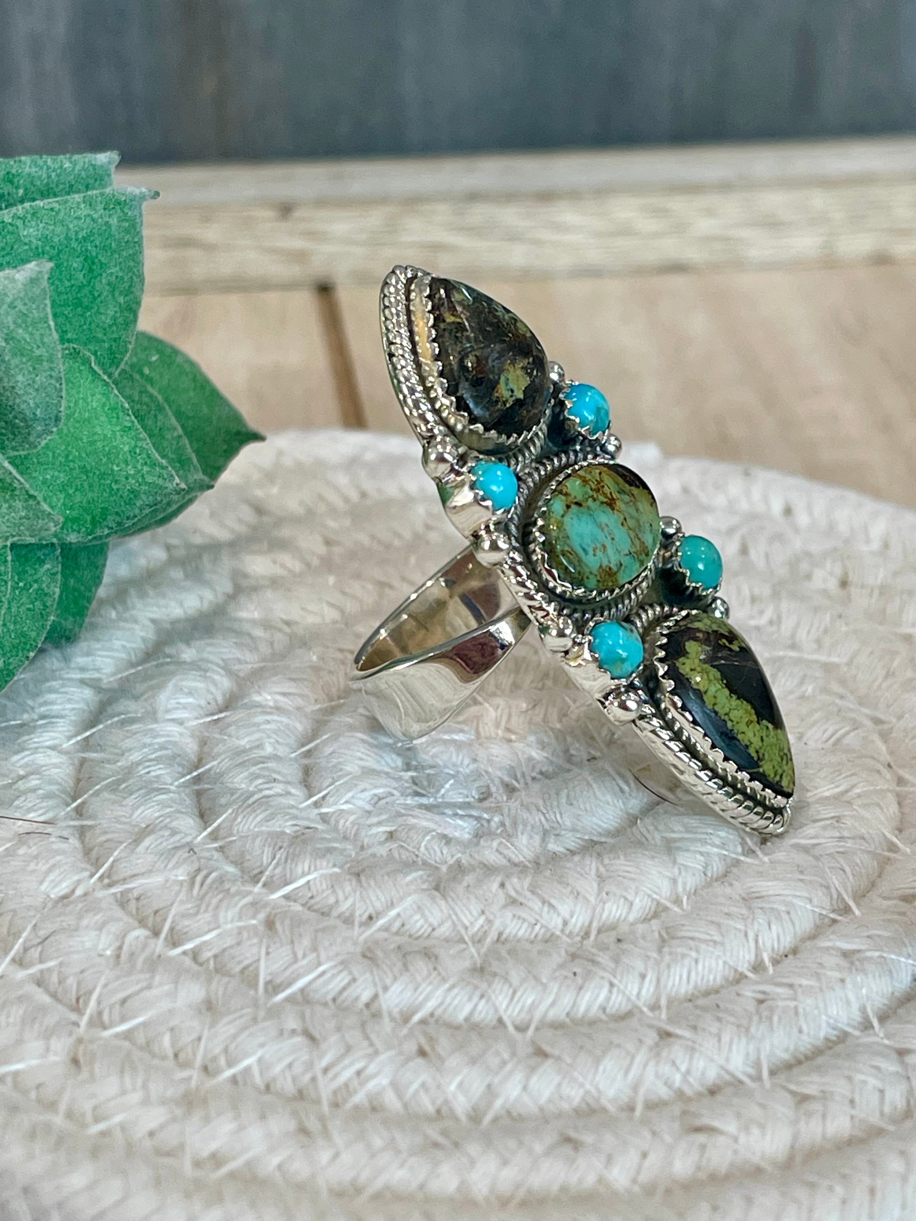 Southwest Handmade BlackJack Turquoise And Kingman Turquoise & Sterling Silver Adjustable Ring