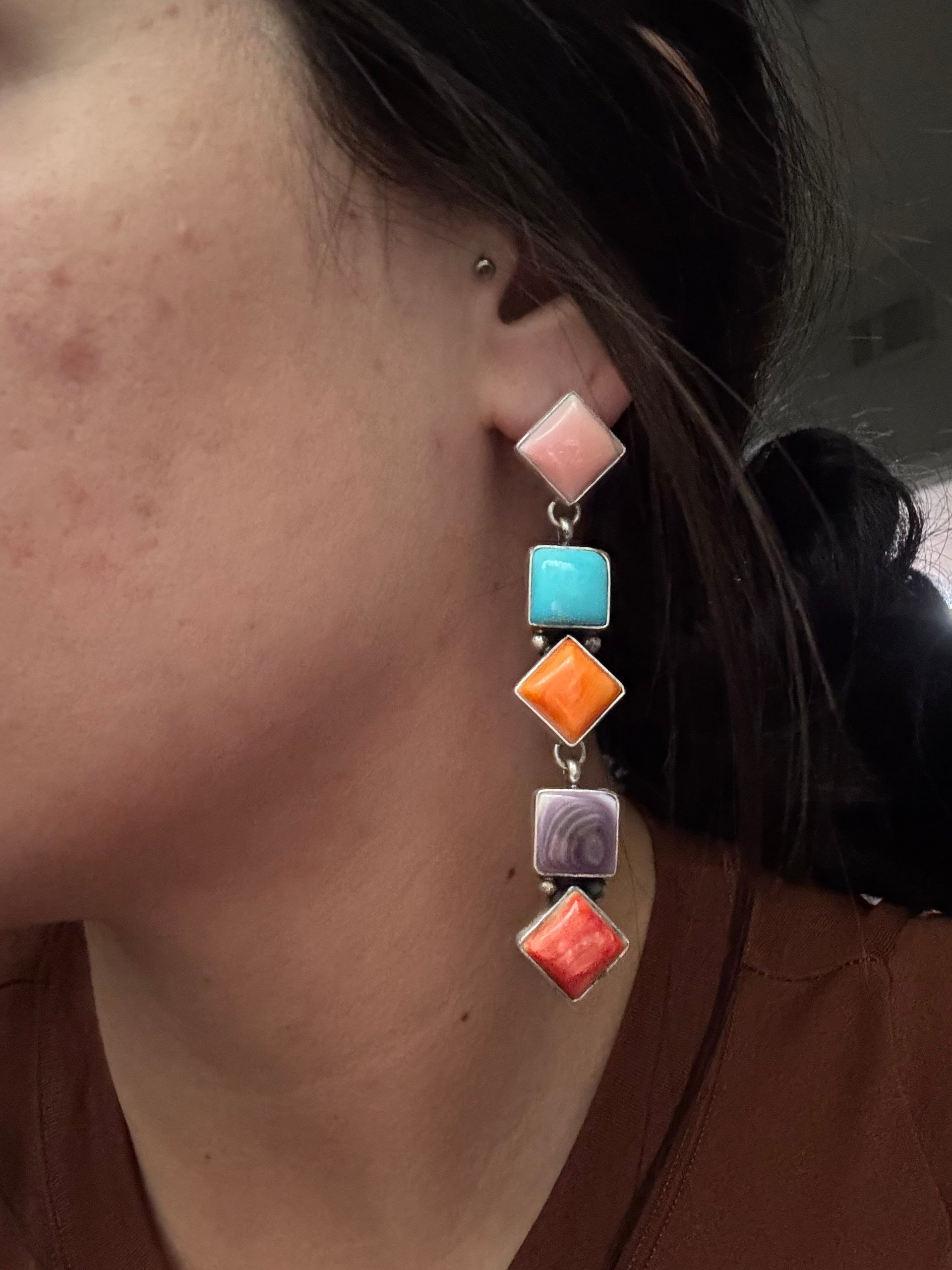 Eleanor Richards Multi Stone & Sterling Silver Post Dangle Earrings