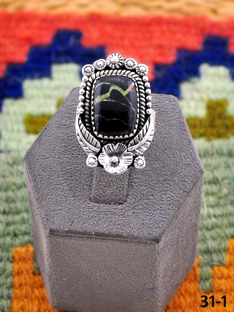 Southwest Handmade Black Jack Turquoise & Sterling Silver Adjustable Ring