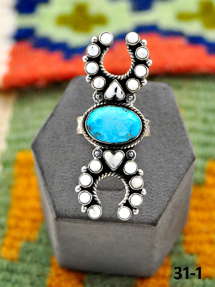 Southwest Handmade Sierra Bella Turquoise with White Buffalo & Sterling Silver Adjustable Ring
