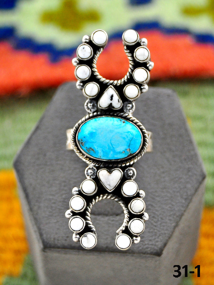 Southwest Handmade Sierra Bella Turquoise with White Buffalo & Sterling Silver Adjustable Ring
