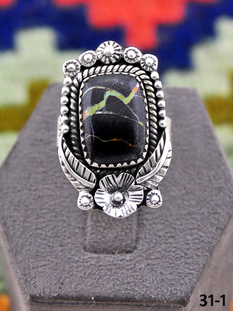 Southwest Handmade Black Jack Turquoise & Sterling Silver Adjustable Ring