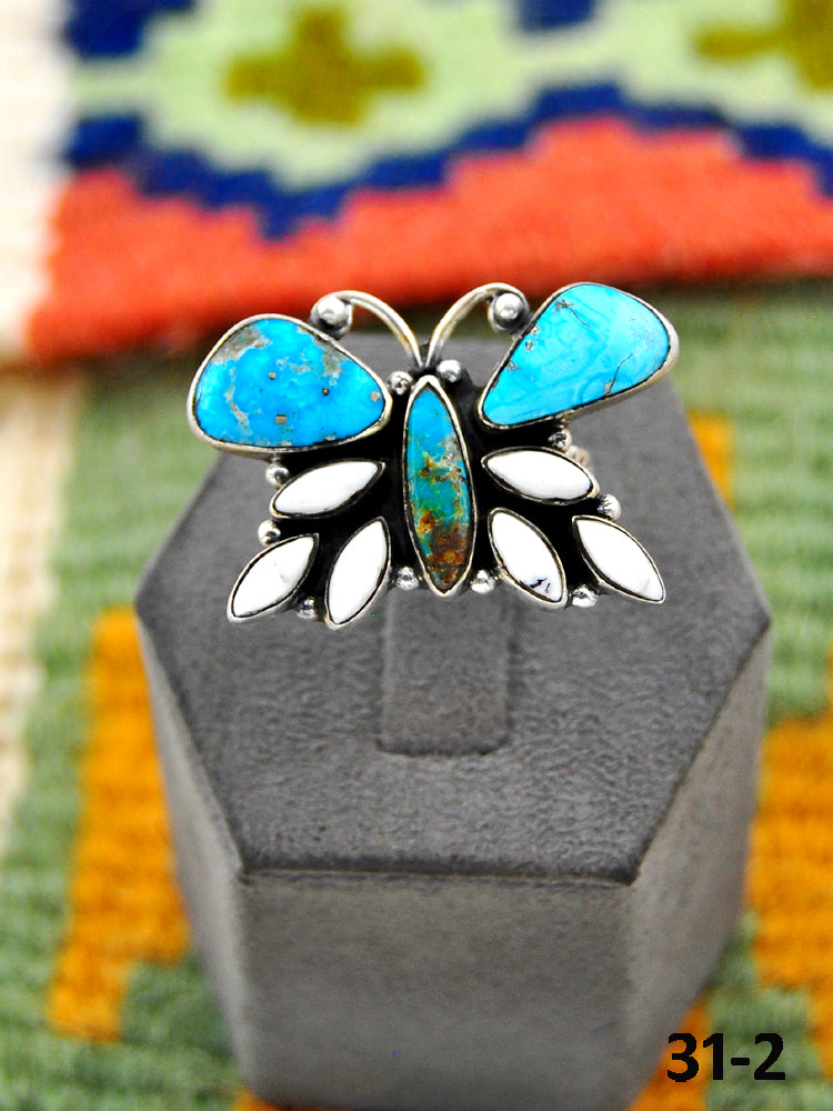 Southwest Handmade Sierra Bella Turquoise with White Buffalo & Sterling Silver Adjustable Ring